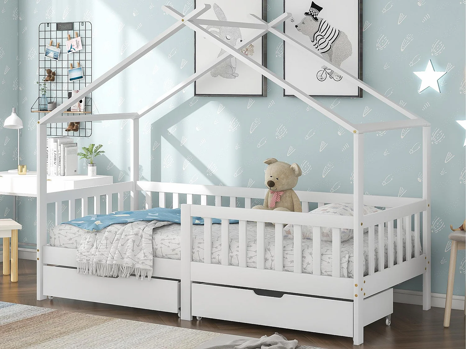 Łóżko domek dziecięcy 90×200 cm – z litego drewna + MDF – z 2 szufladami – z zabezpieczeniem przeciw upadkowym i stelażem listwowym – białe 4396947