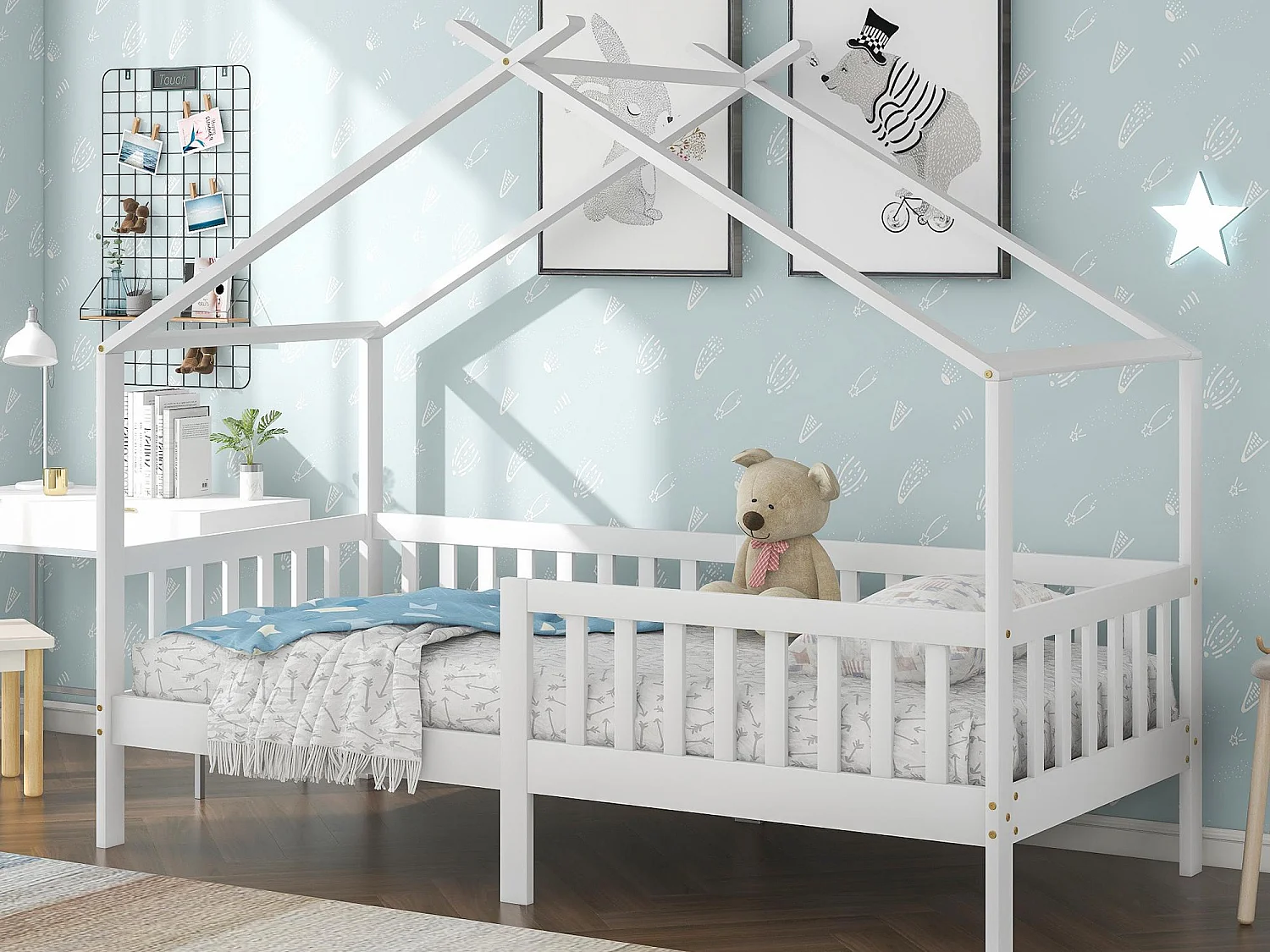 Łóżko domek dziecięcy 90×200 cm - z litego drewna + MDF - z zabezpieczeniem przeciw upadkowym i stelażem listwowym - białe 4396950 - obrazek 1