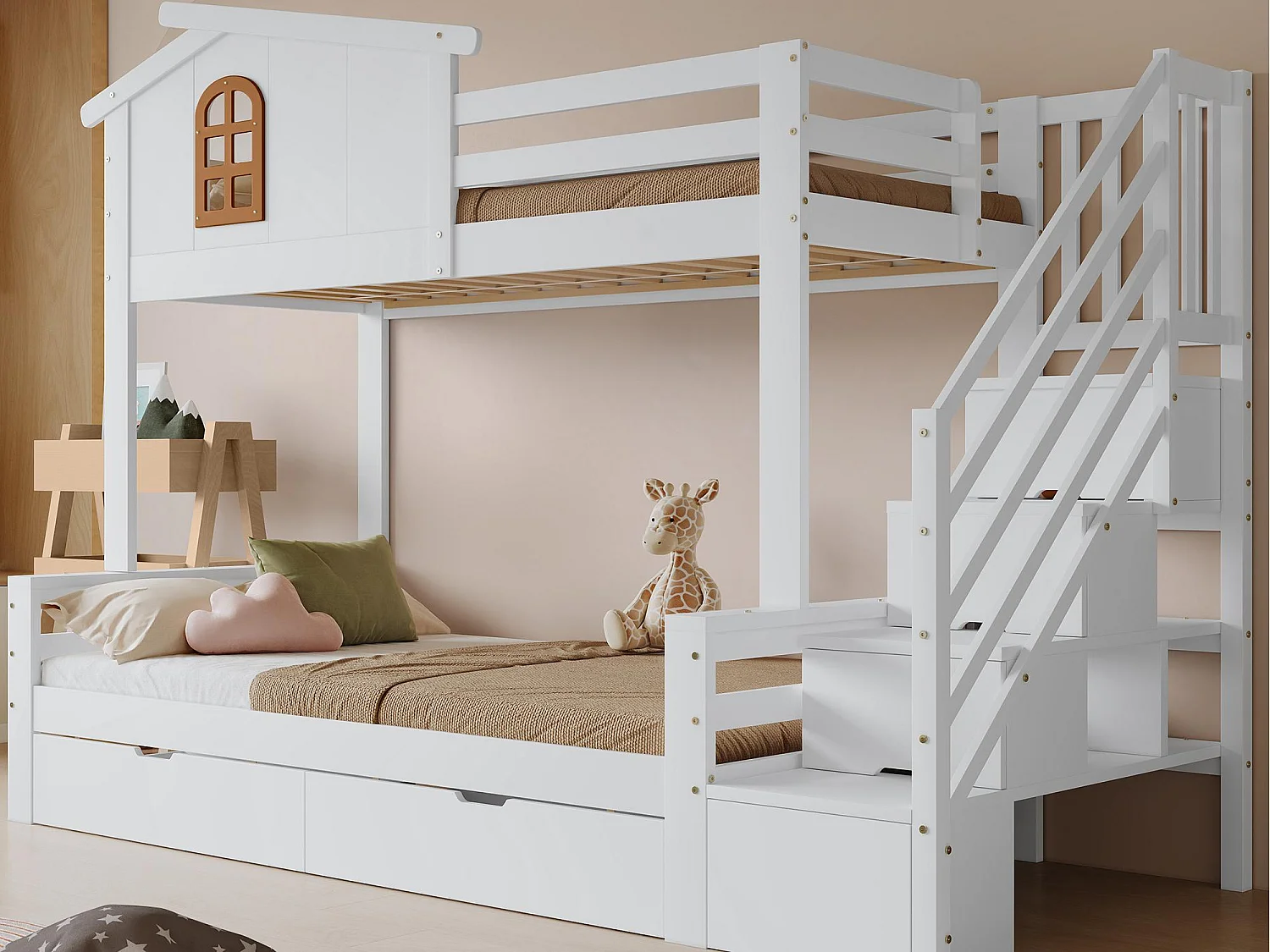 Łóżko piętrowe 90×200 cm – z 2 szufladami – z oknami – schody z miejscem do przechowywania – Drewno lite + MDF – białe (bez materaca) 4396951