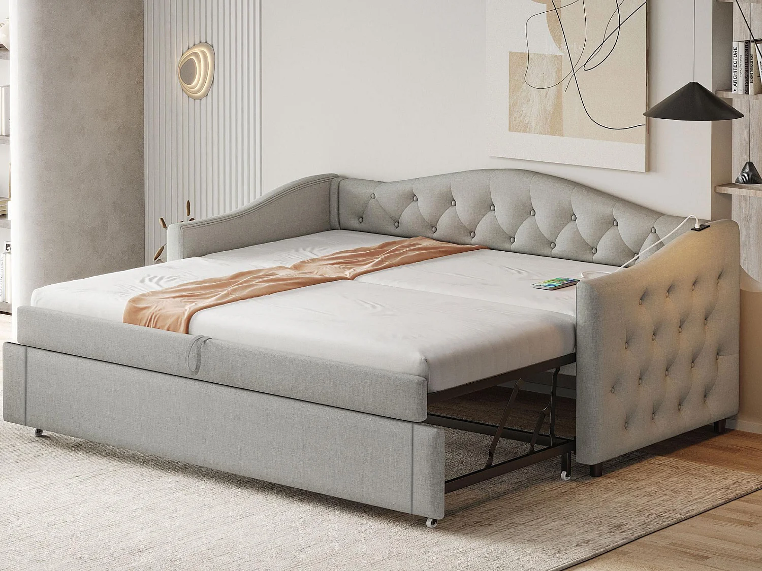 Łóżko piętrowe 90x200cm i 90x190cm z lnu - z portem USB i stelażem na listwy - Szare 3634228 - obrazek 1