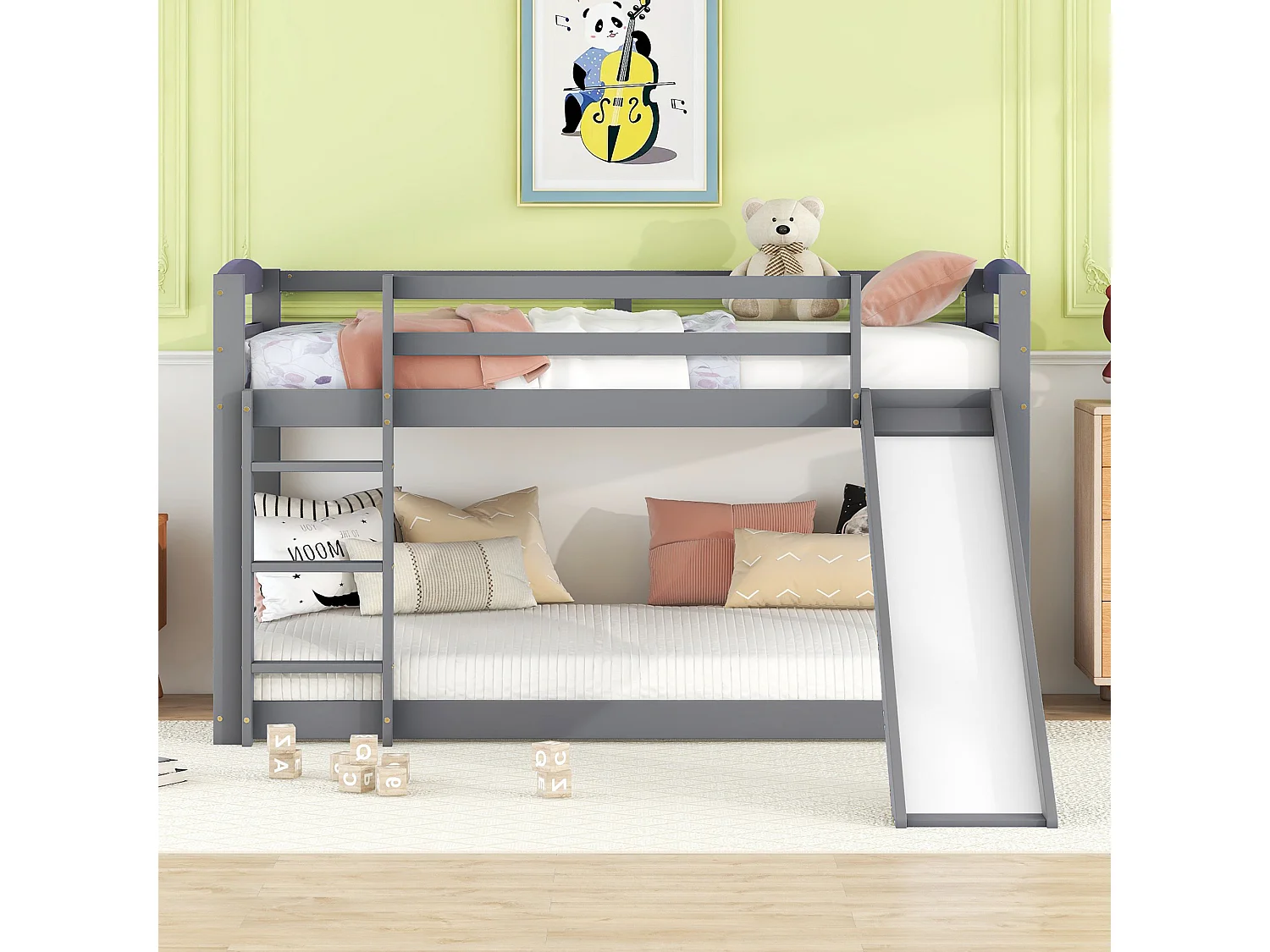 Łóżko piętrowe 90 x 200 cm - Łóżko dziecięce ze zjeżdżalnią i schodkami - z barierkami bezpieczeństwa - Szare drewno - Bez materaca 4404789 - obrazek 1
