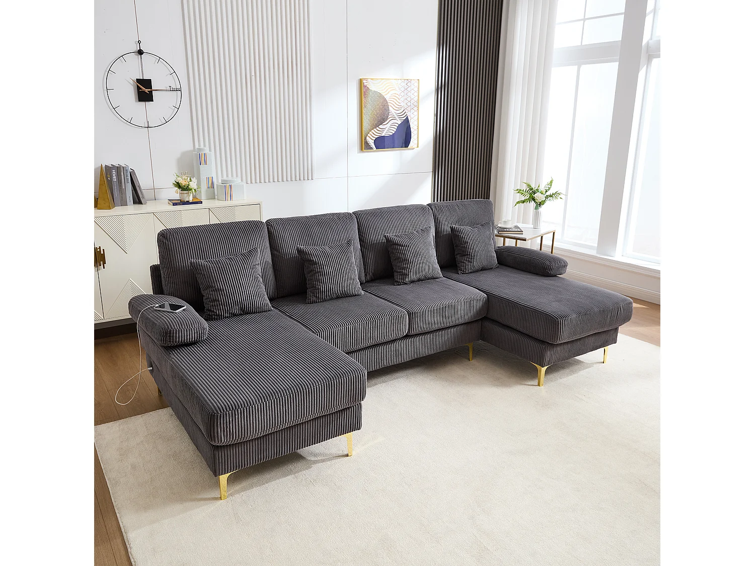 Aksamitna sofa narożna – Sofa narożna z oświetleniem LED i 4 poduszkami – port USB i podłokietniki – szara 4404879