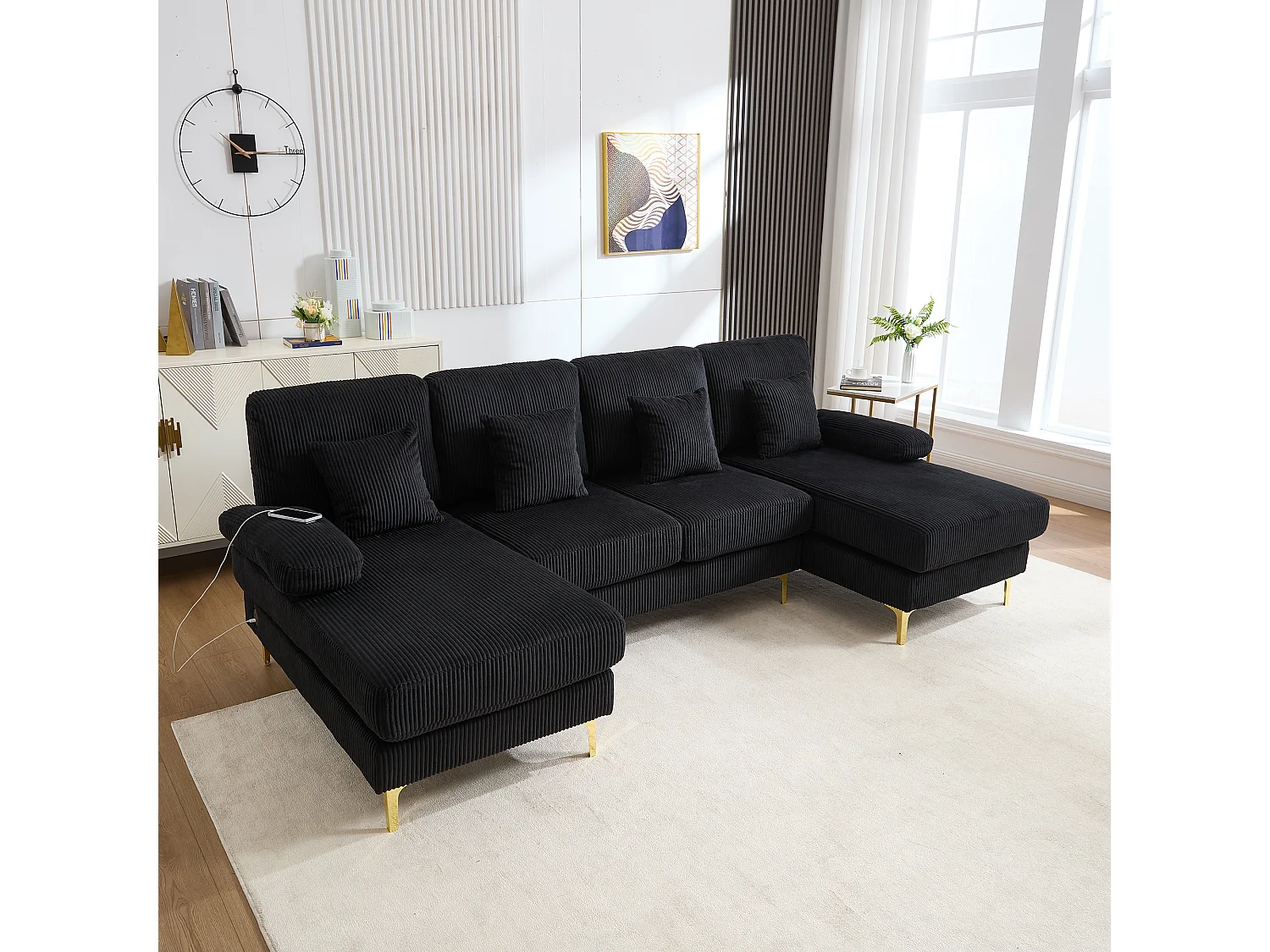 Aksamitna sofa narożna – Sofa narożna z oświetleniem LED i 4 poduszkami – port USB i podłokietniki – czarna 4404882