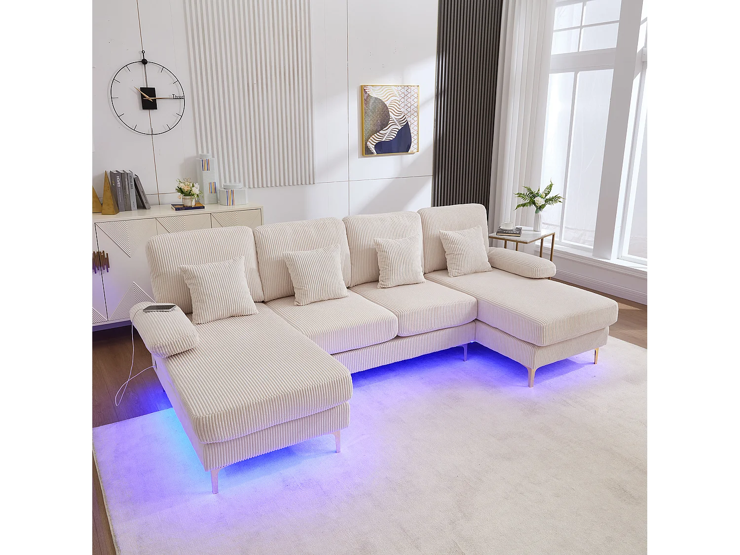 Aksamitna sofa narożna – Sofa narożna z oświetleniem LED i 4 poduszkami – port USB i podłokietniki – beżowa 4404884