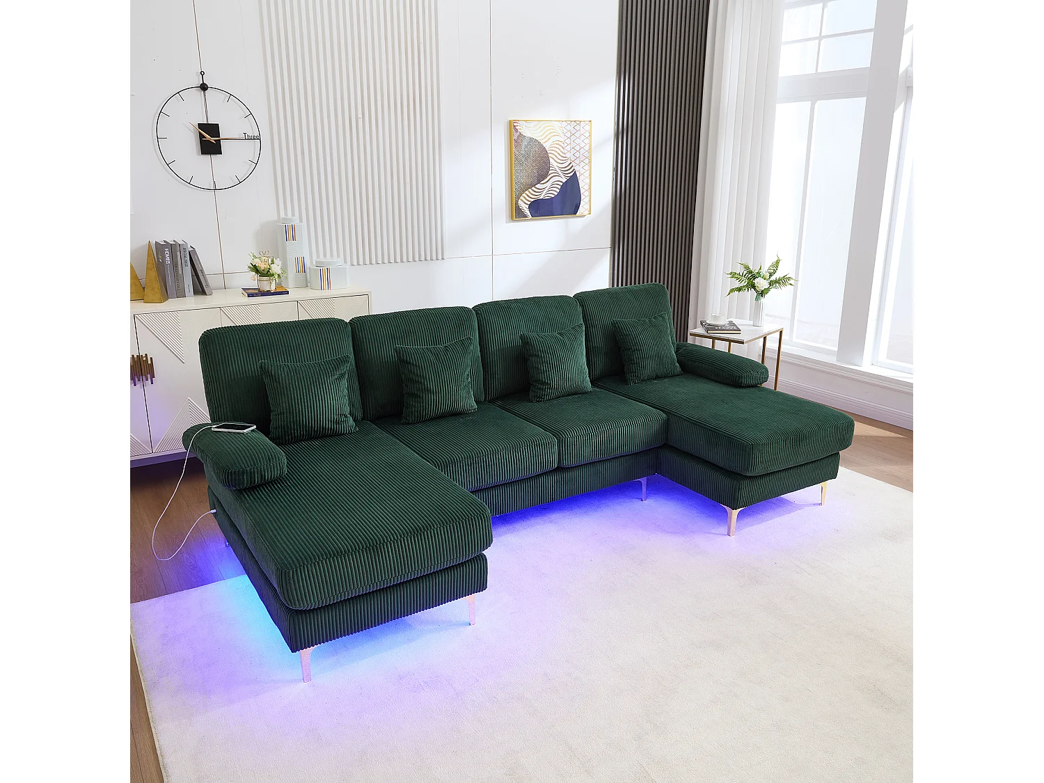 Aksamitna sofa narożna – Sofa narożna z oświetleniem LED i 4 poduszkami – port USB i podłokietniki – zielona 4404881