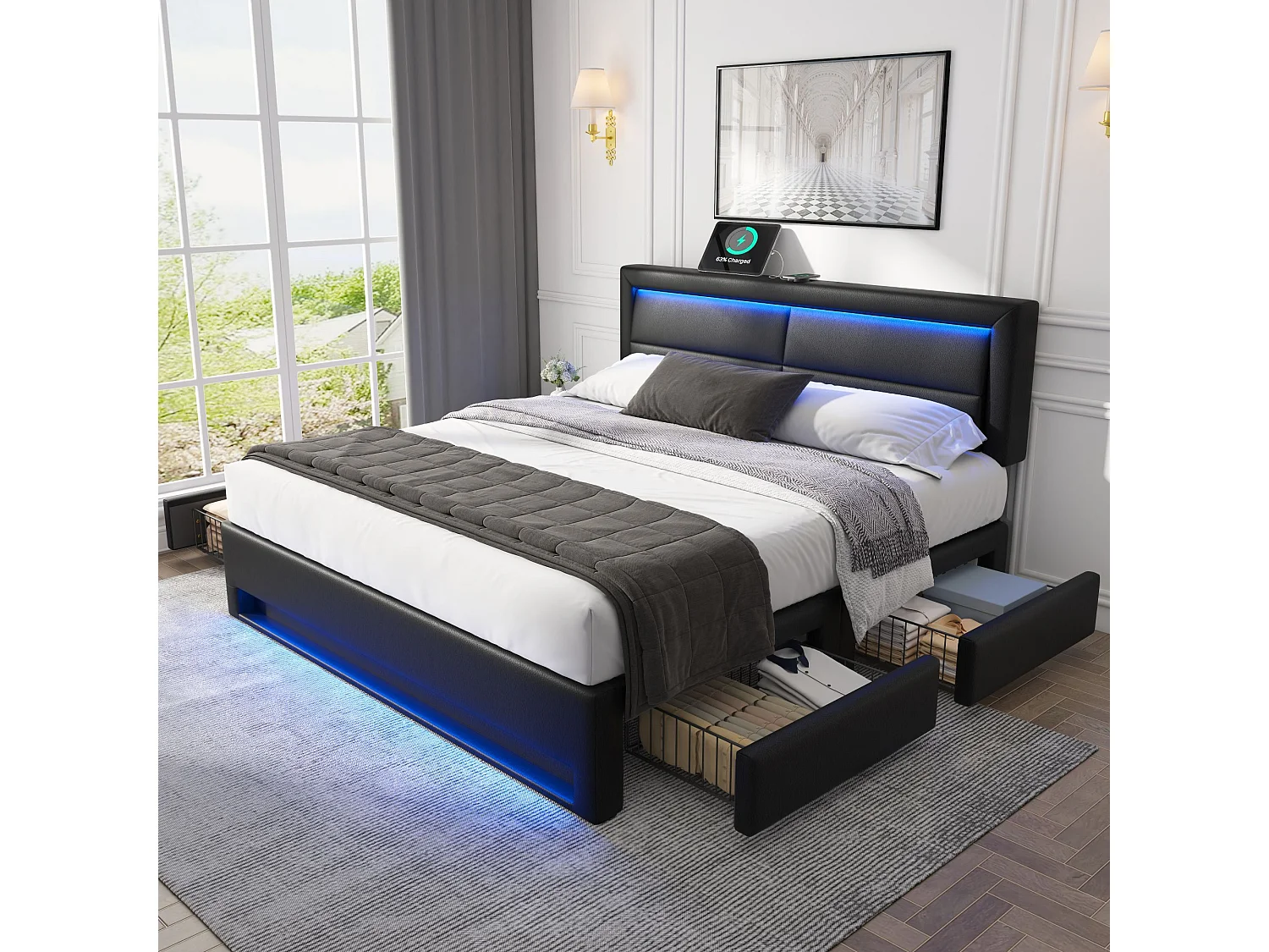Łóżko dla dorosłych 140 x 190 cm – Łóżko podwójne z oświetleniem LED i czterema szufladami – Czarny PU – Bez materaca 4405197