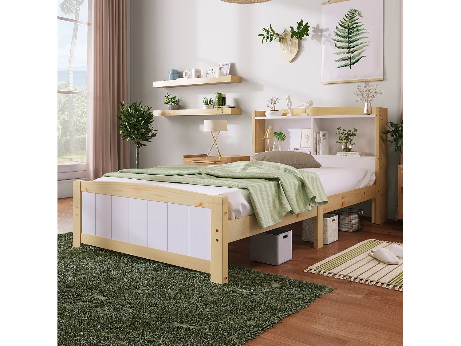 Łóżko dziecięce 90 x 200 cm – łóżko młodzieżowe z zagłówkiem i schowkiem pod łóżkiem – drewno i biel – bez materaca 4405199 - obrazek 1