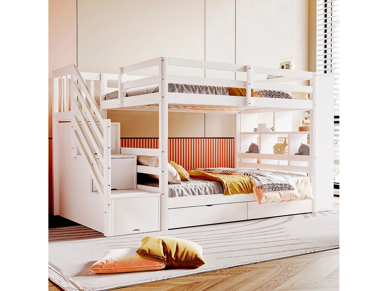 Łóżko piętrowe dla dzieci - 2 x 90 x 200 cm - z drabinką + 2 szuflady + duże schowki - drewno - białe 4408920 - obrazek 1