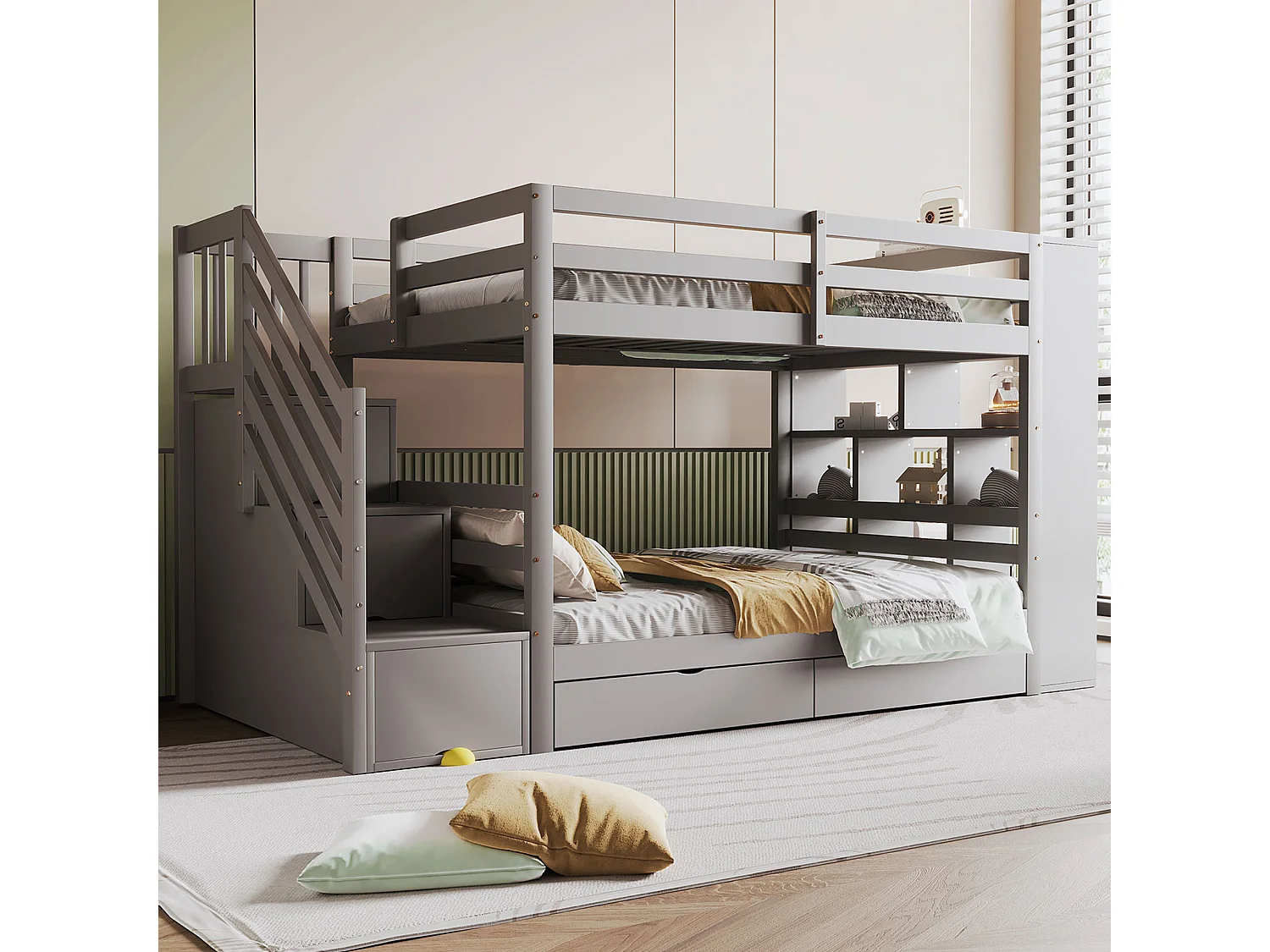 Łóżko piętrowe dla dzieci - 2 x 90 x 200 cm - z drabinką + 2 szuflady + duże schowki - drewno - szare 4408978 - obrazek 1