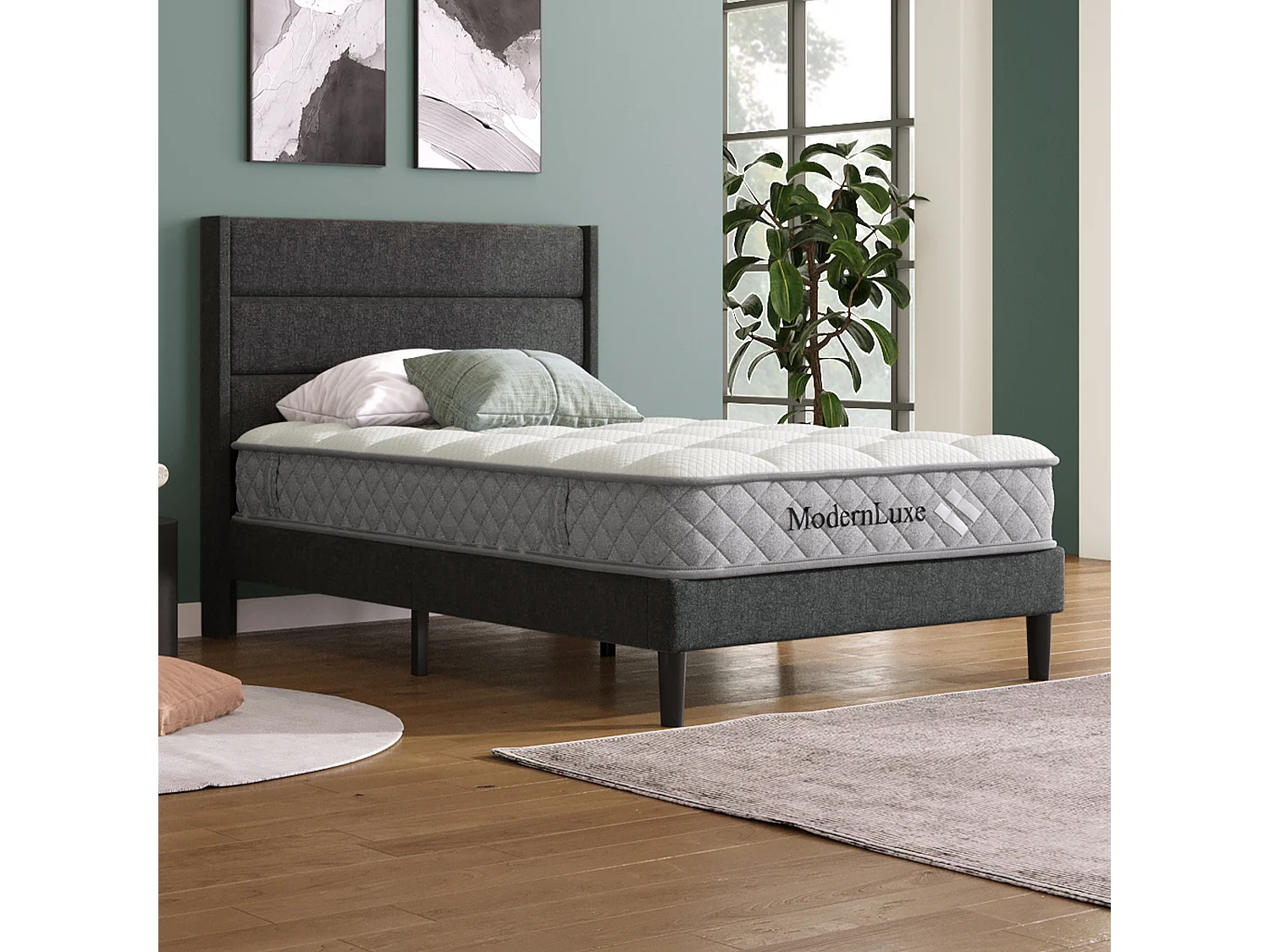 Łóżko młodzieżowe tapicerowane – 90 x 200 cm – ze stelażem + zagłówek – len – kolor szary (z materacem) 4420511