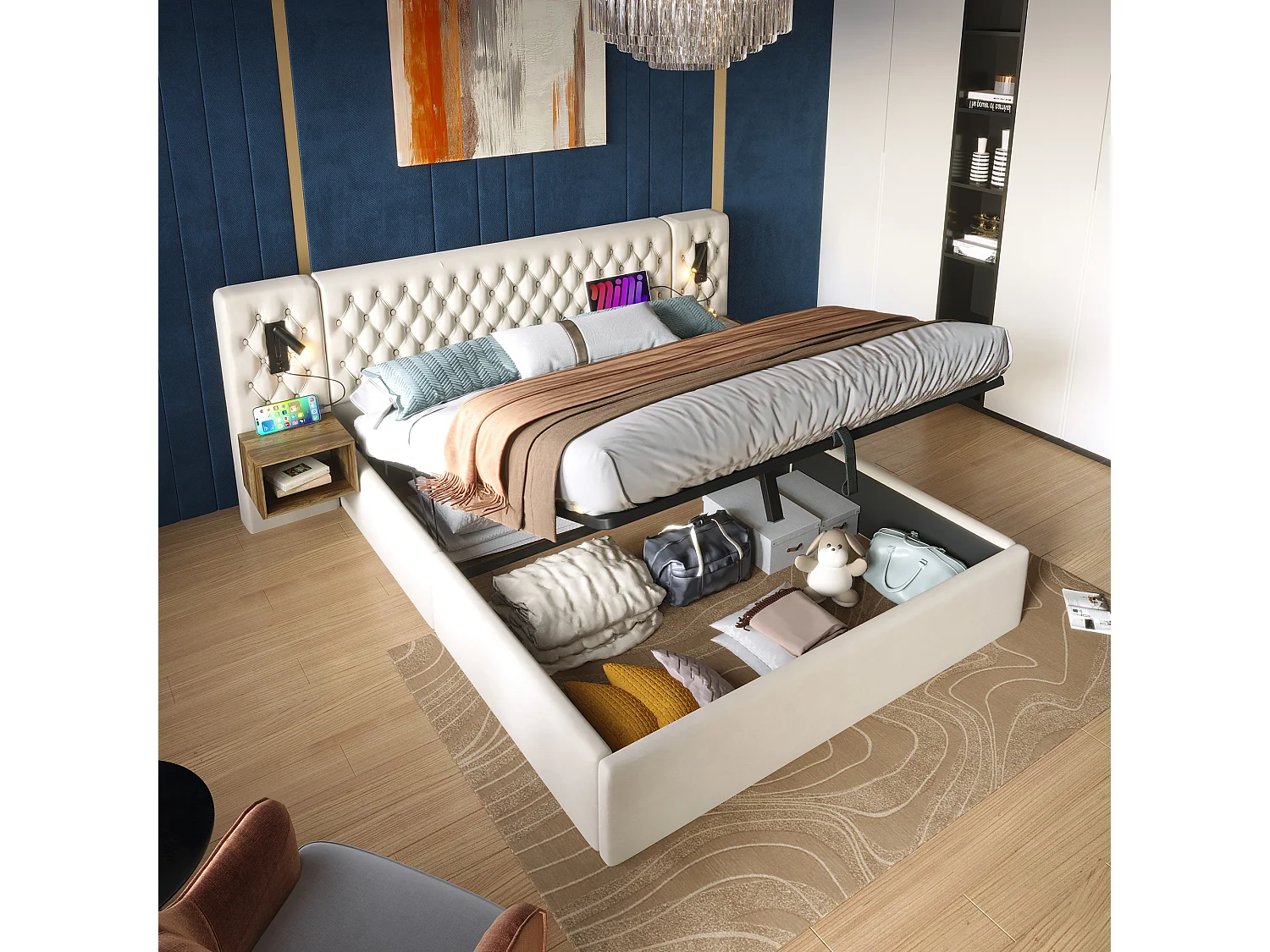 Łóżko hydrauliczne ze schowkiem – 180 x 200 cm – z 2 szafkami nocnymi + lampką przy zagłówku – aksamitne – beżowe 4420554