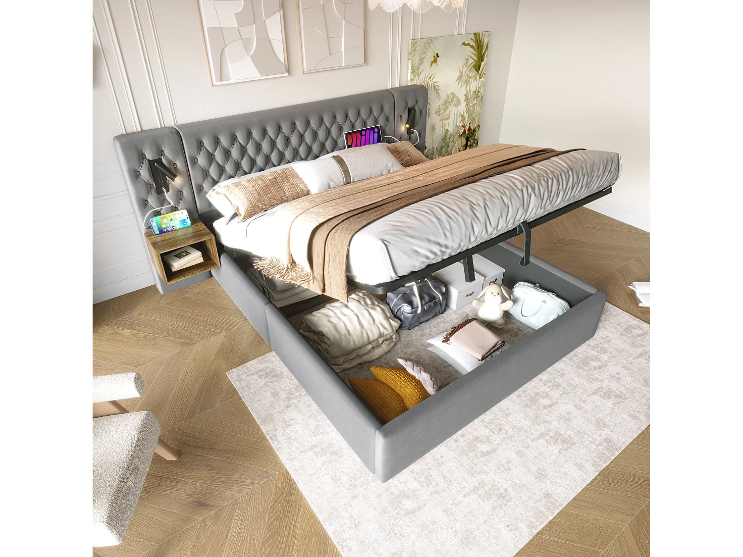 Łóżko hydrauliczne ze schowkiem – 160 x 200 cm – z 2 szafkami nocnymi + lampką przy zagłówku – welur – szare 4420561