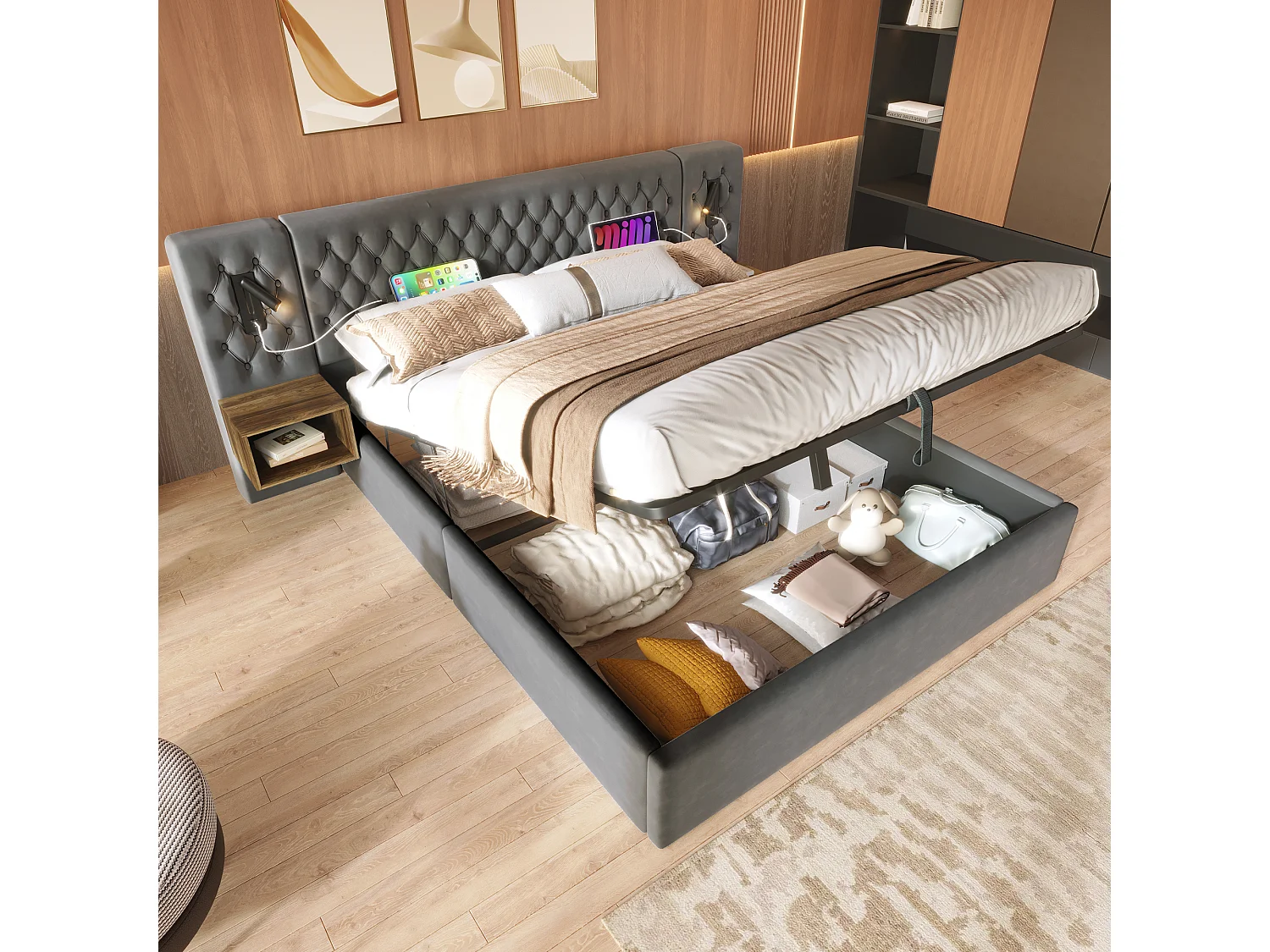 Łóżko hydrauliczne ze schowkiem – 180 x 200 cm – z 2 szafkami nocnymi + lampką przy zagłówku – welurowe – szare 4420567