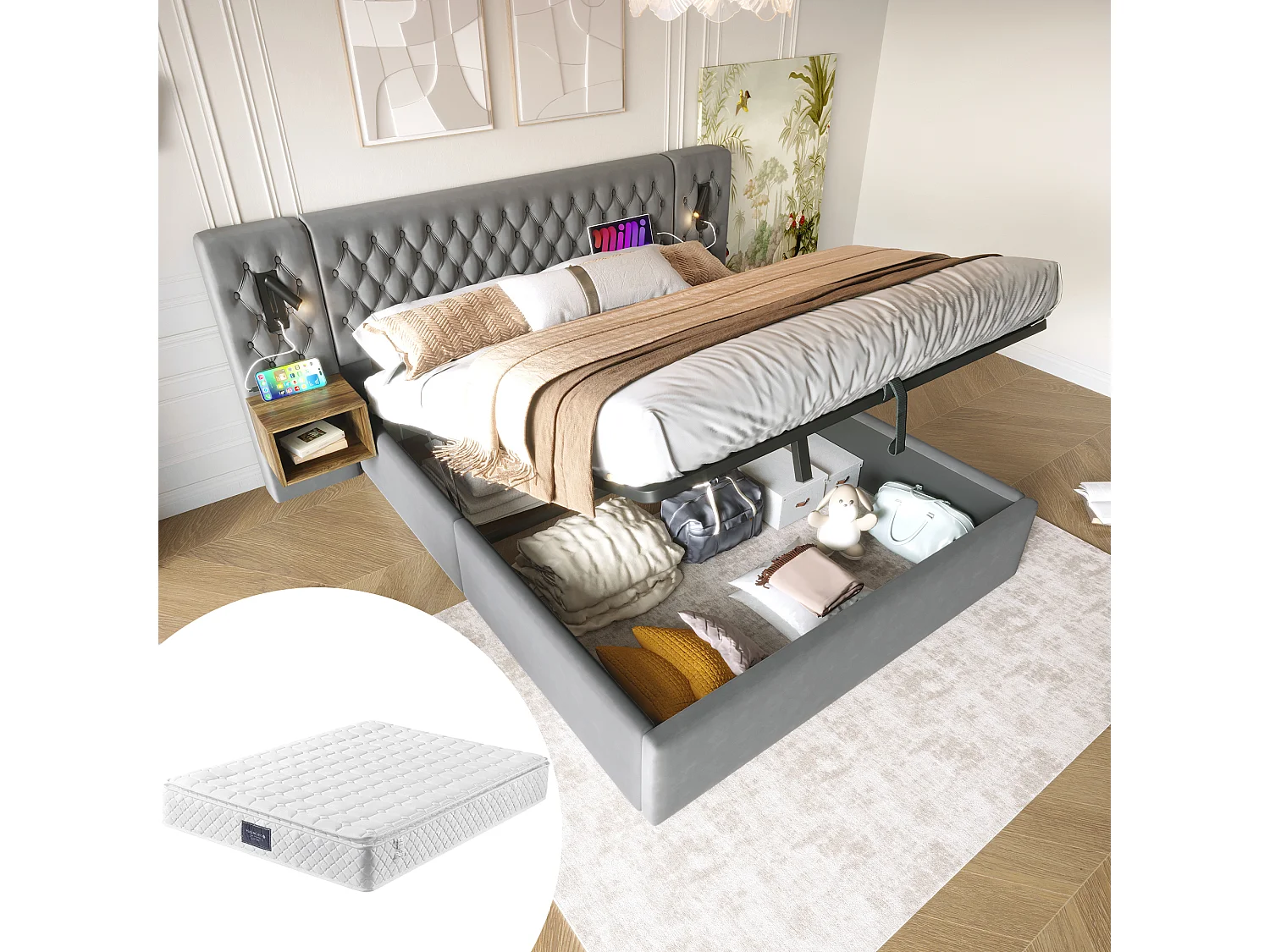 Łóżko hydrauliczne ze schowkiem – 160 x 200 cm – z 2 szafkami nocnymi + lampką zagłówka – welurowe – szare (z materacem) 4420577
