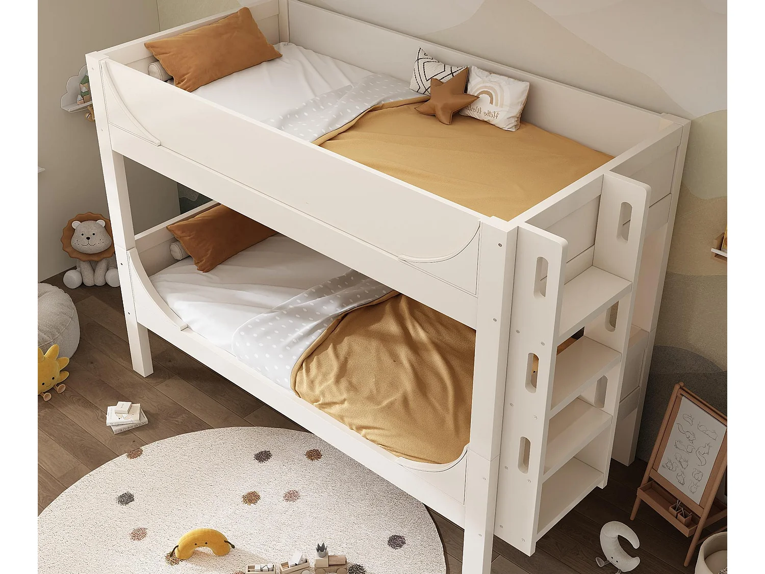 Łóżko piętrowe 90×200 cm – możliwość podziału na 2 pojedyncze łóżka – z demontowaną drabiną – Drewno lite + MDF – Białe (bez materaca) 4422142