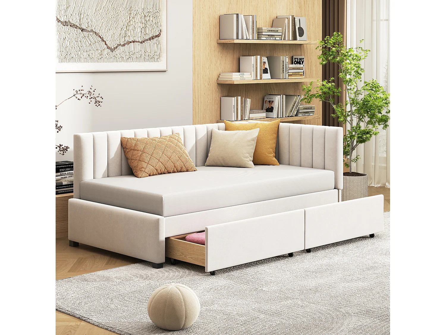 Łóżko dziecięce 90 x 200 cm - Łóżko pojedyncze z 2 szufladami i podłokietnikami - beżowy aksamit - materac nie jest wliczony w cenę 4423681 - obrazek 1