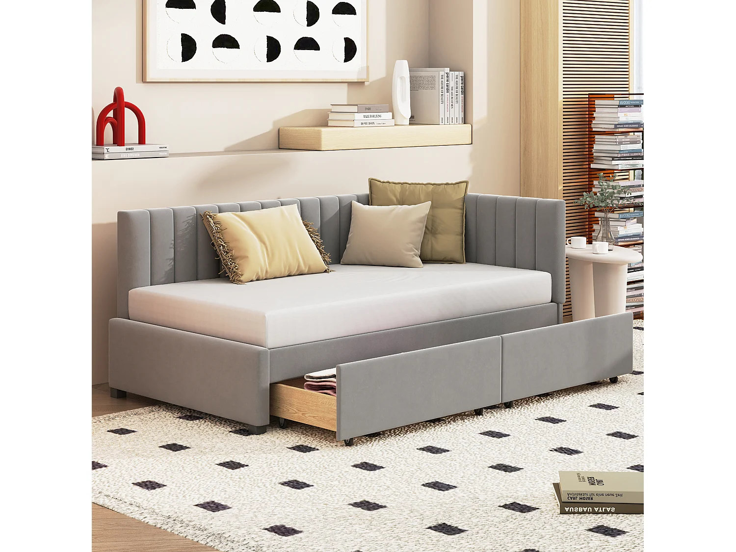 Łóżko dziecięce 90 x 200 cm - Łóżko pojedyncze z 2 szufladami i podłokietnikami - szary aksamit - materac nie jest wliczony w cenę 4423687 - obrazek 1