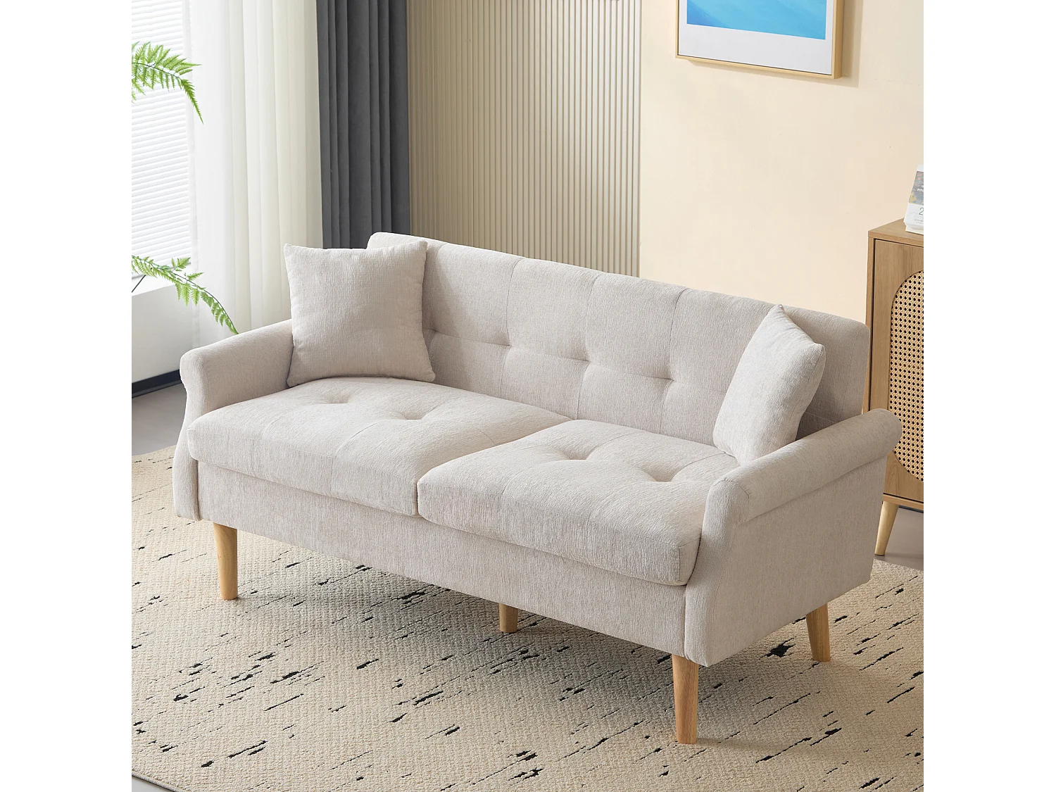 Beżowa sofa 2-osobowa - Prosta sofa z dwiema poduszkami i podłokietnikami - szenil - do salonu i sypialni 4423727 - obrazek 1