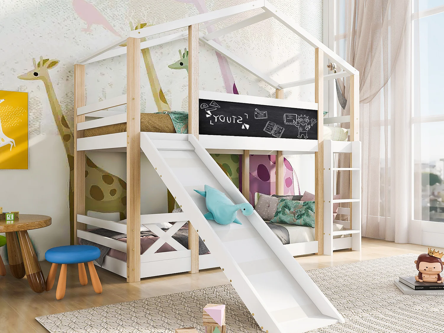 Łóżko piętrowe Cabin – 2 x 90 x 200 cm – sosna i płyta MDF – zjeżdżalnia, drabinka i stelaż z listew – kolory: naturalny i biały 1675495