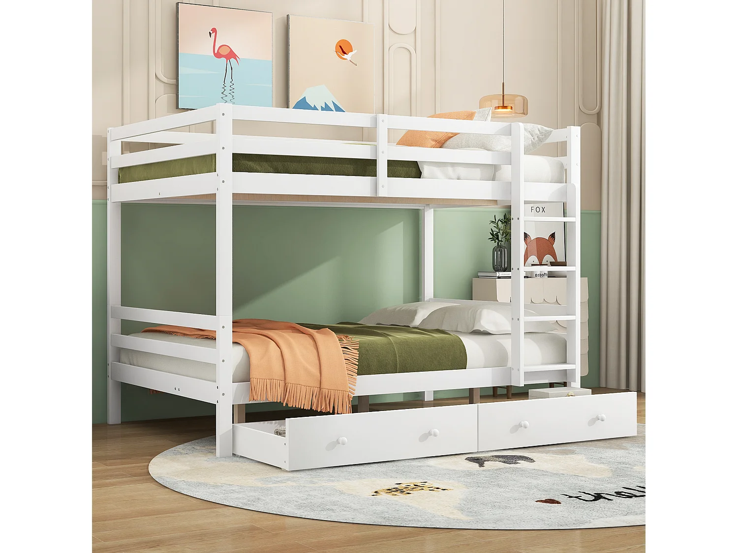Łóżko piętrowe 140 x 200 cm z 2 dużymi szufladami – barierka i schody – drewno MDF – białe 2870418