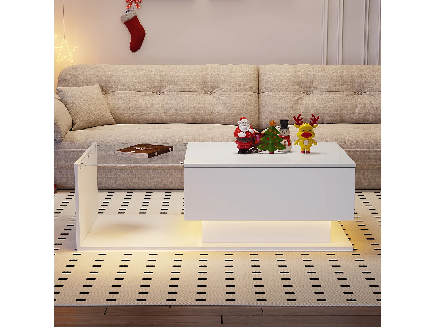 Biały stolik kawowy 100×50 cm z oświetleniem LED, szufladą i szklanym blatem – do salonu i biura 4429500