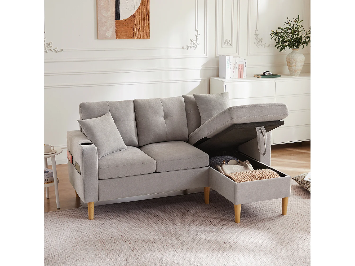 3-osobowa sofa narożna ze schowkiem, poduszkami i uchwytami na kubki – jasnoszara bawełna i len 4429522