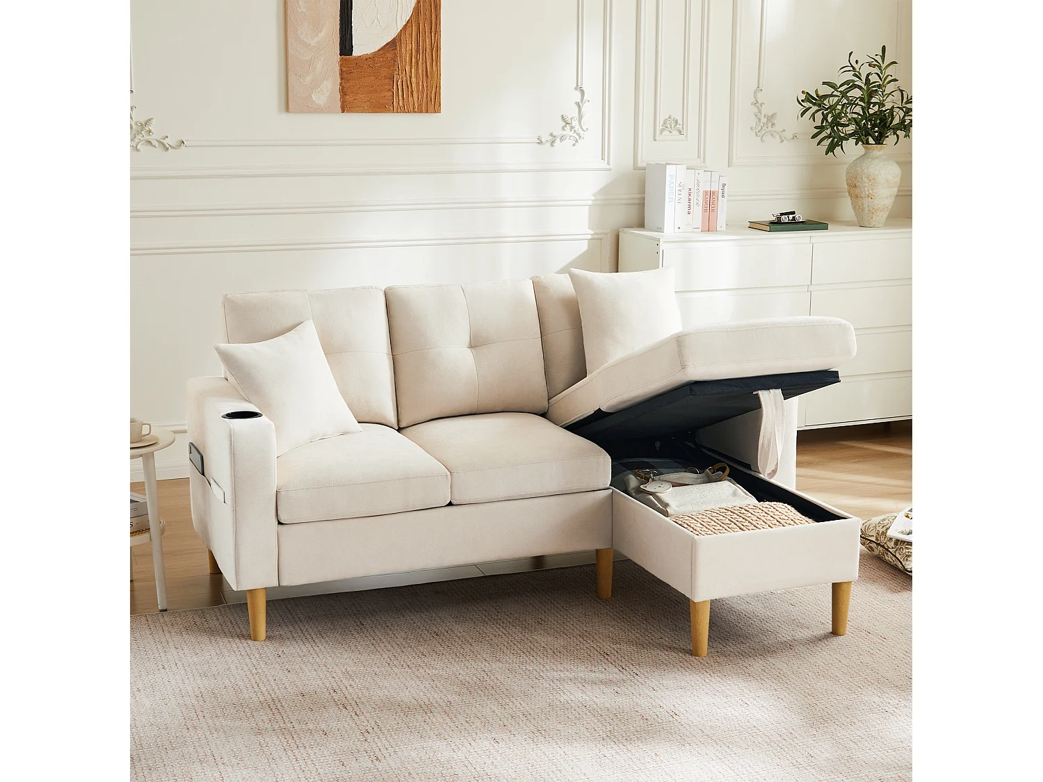 3-osobowa sofa narożna ze schowkiem, poduszkami i uchwytami na kubki – beżowa bawełna i len 4429523