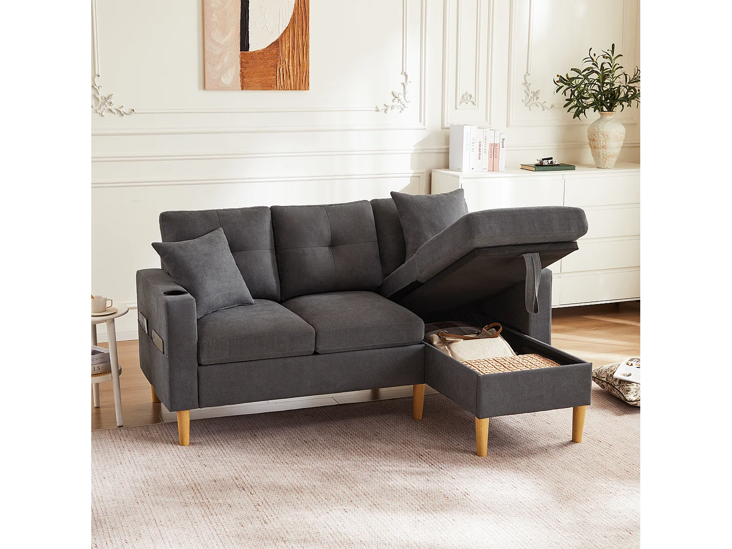 3-osobowa sofa narożna ze schowkiem, poduszkami i uchwytami na kubki – ciemnoszara bawełna i len 4429541