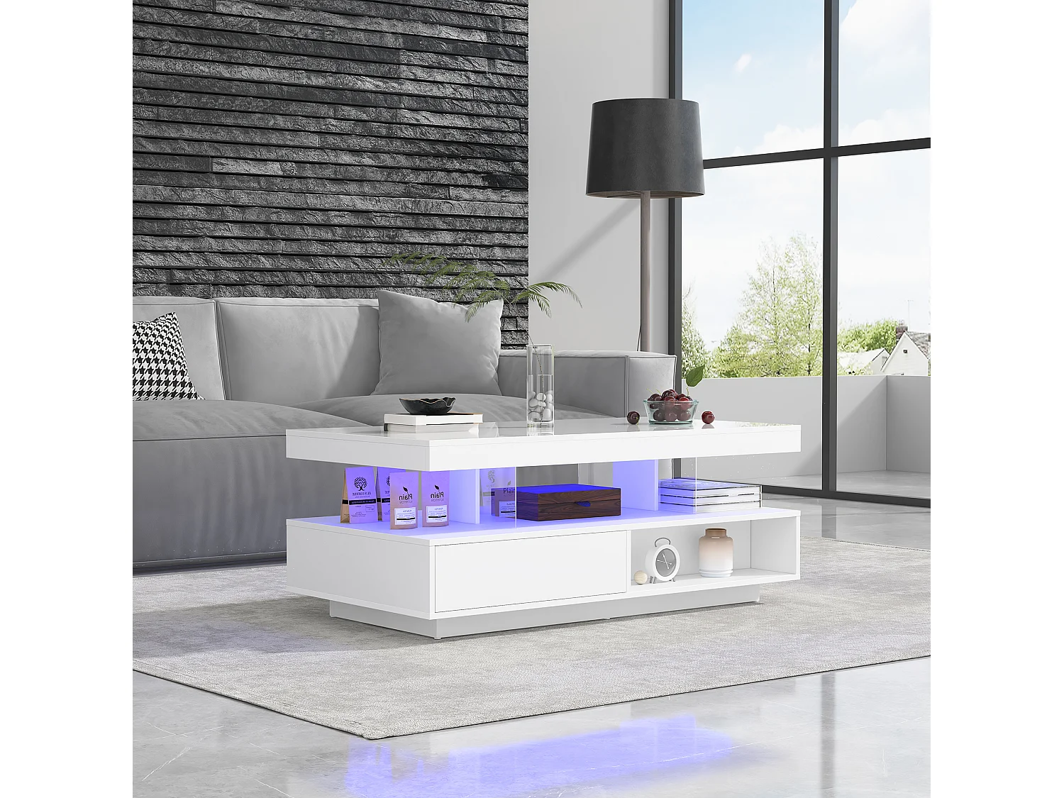 Biały stolik kawowy na wysoki połysk z 2 szufladami i przegródkami, oświetlenie LED – 95 x 50 x 42,5 cm 4429588