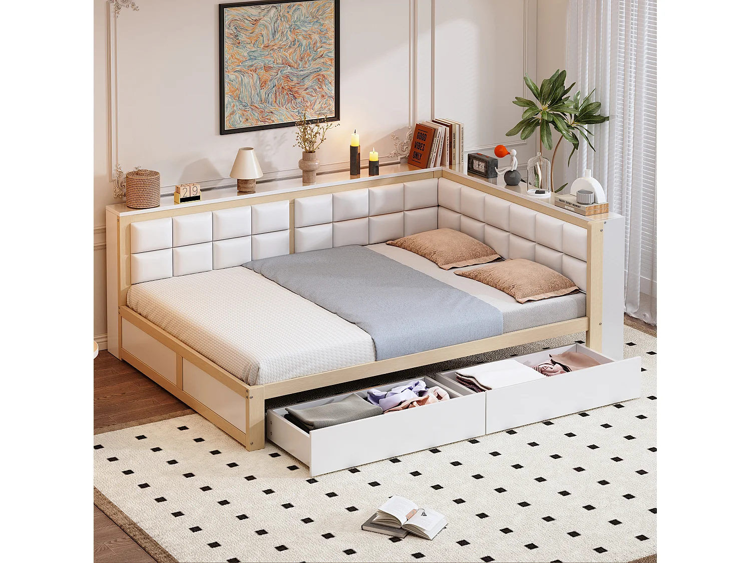 Łóżko kanapa 140x200 cm z 2 szufladami do przechowywania i stelażem listwowym, białe i drewniane – bez materaca 4429648 - obrazek 1