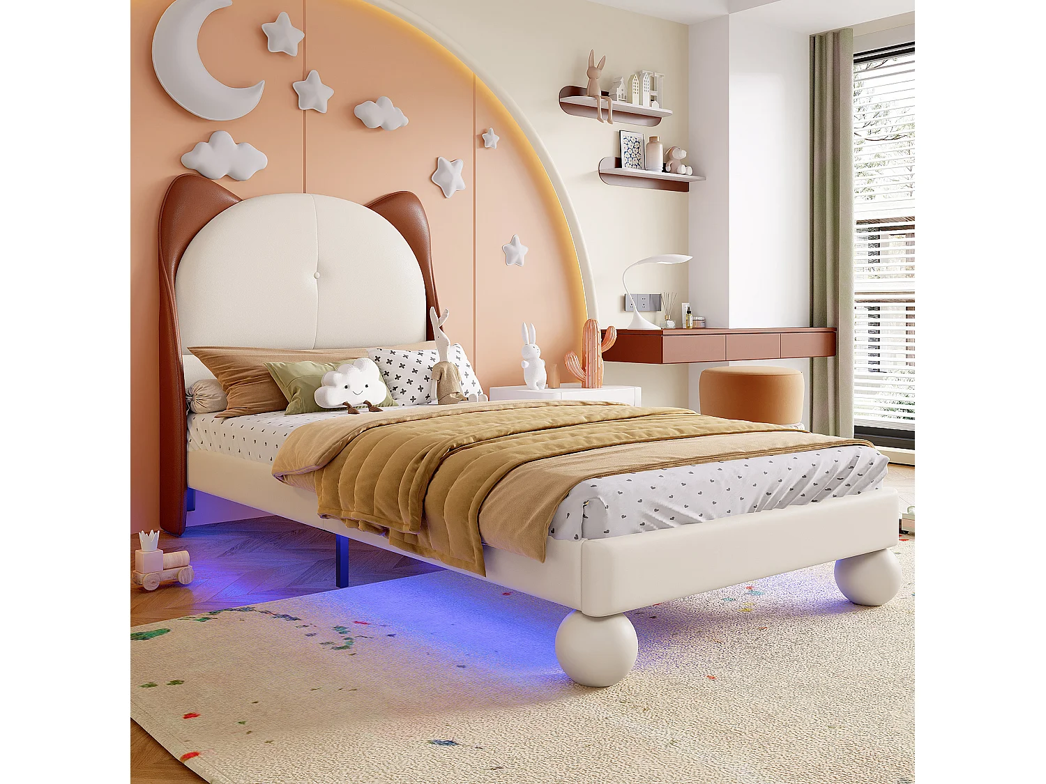 Łóżko dziecięce 90x200 cm, PU, pojedyncze z oświetleniem LED - beżowo-brązowe - bez materaca 4429639 - obrazek 1