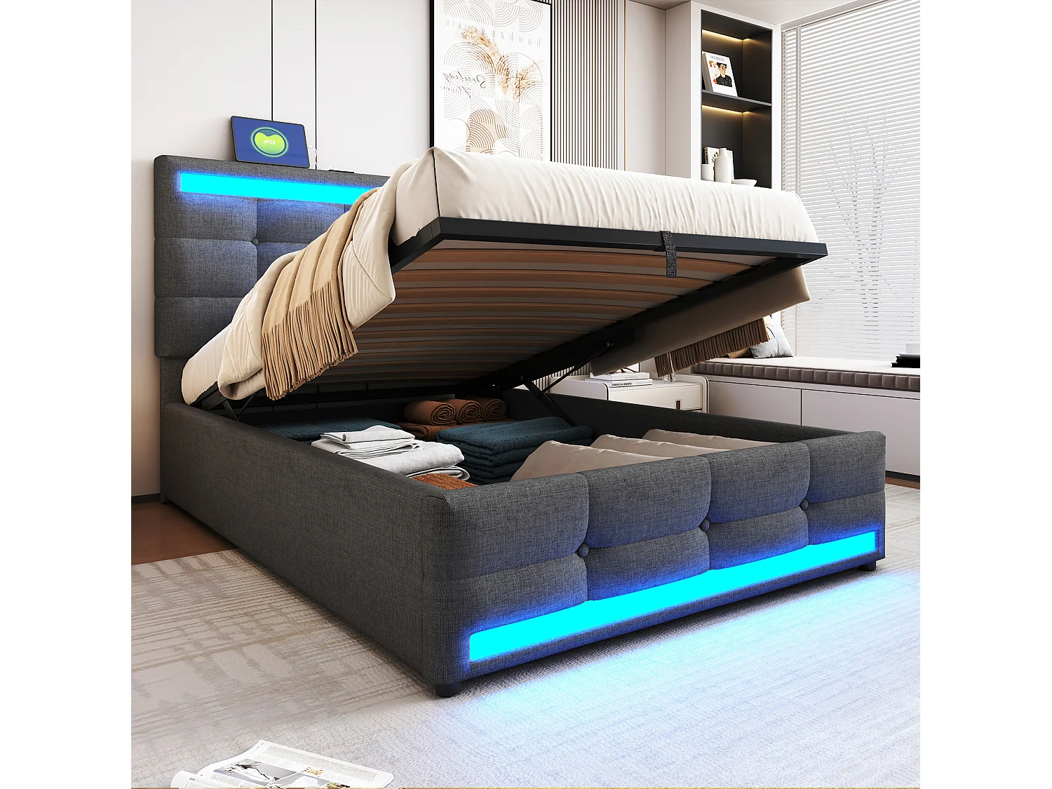 Łóżko dziecięce z pojemnikiem 90x200 cm, oświetlenie LED i port USB, szara pościel – materac nie jest wliczony w cenę 4429661 - obrazek 1