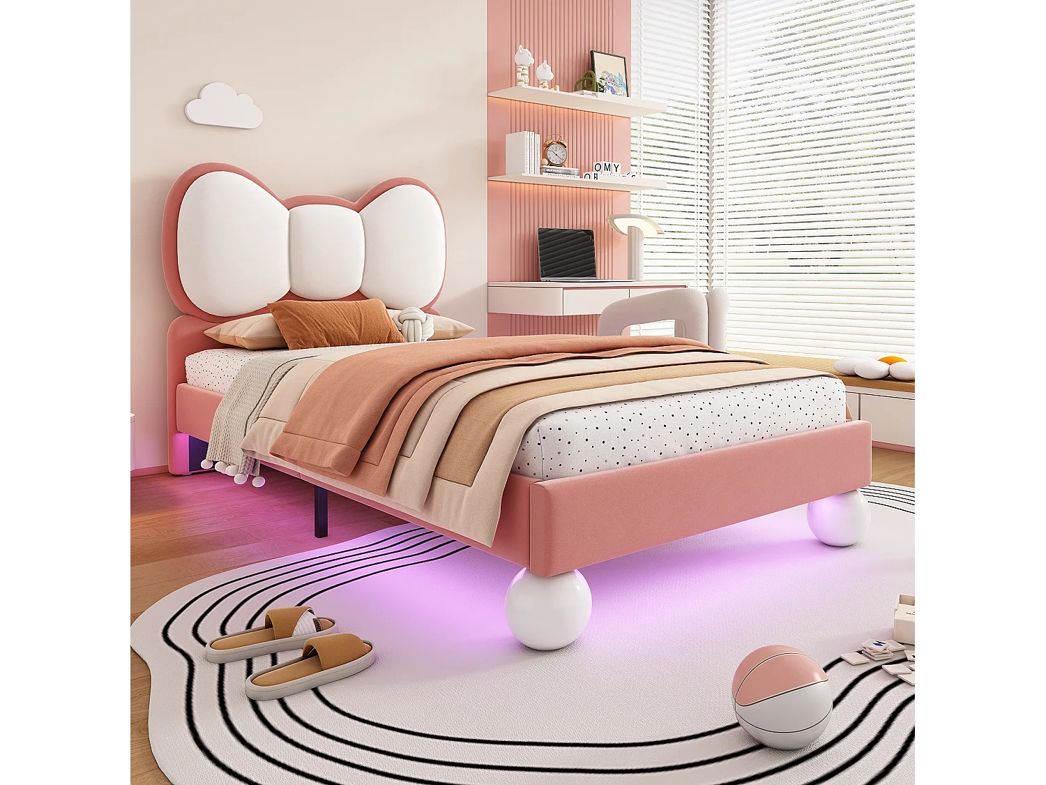 Łóżko dziecięce 90x200 cm, welur różowy, łóżko pojedyncze z tapicerowanym zagłówkiem i oświetleniem LED - bez materaca 4429674 - obrazek 1