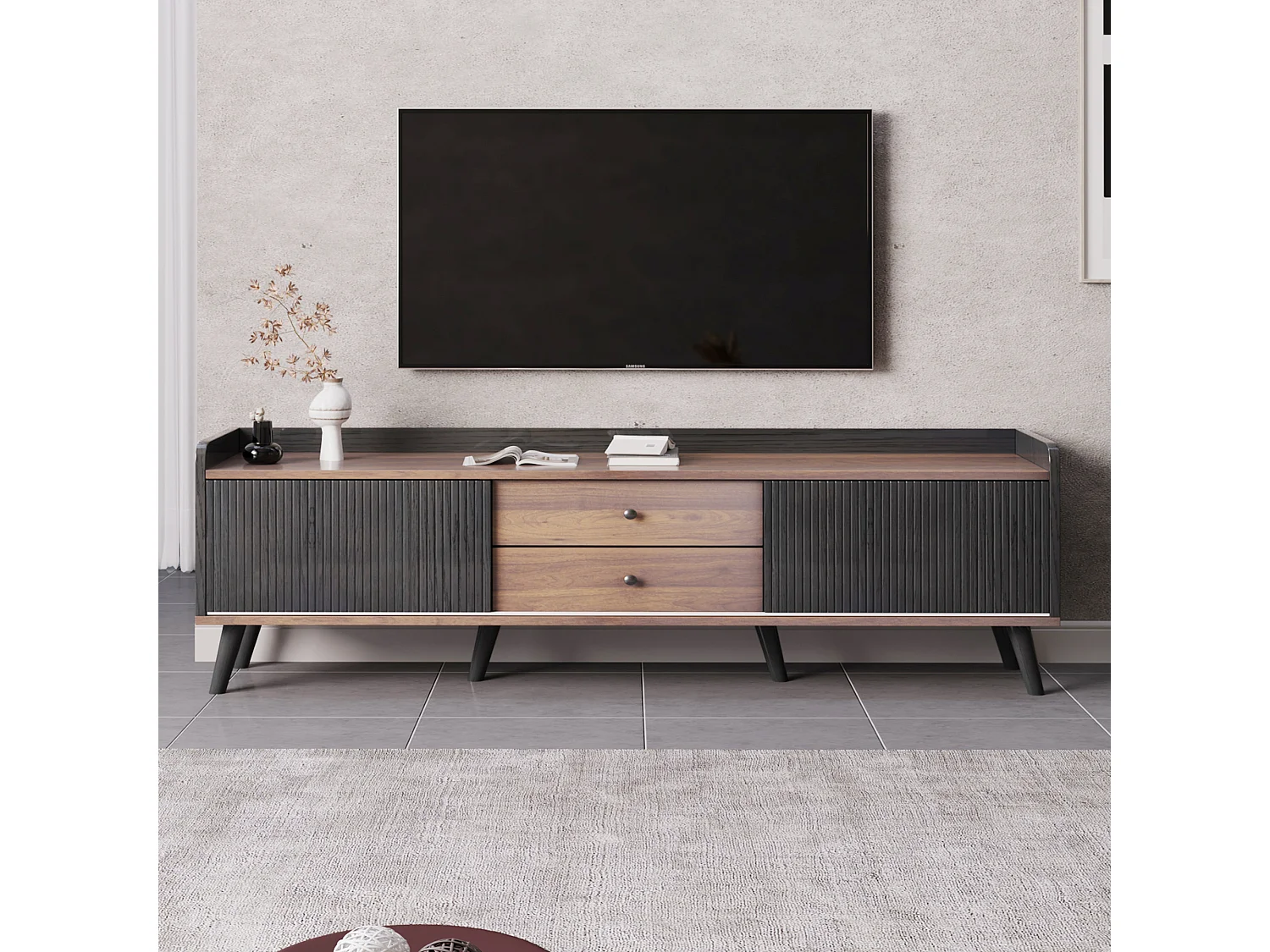 160 cm, czarna i drewniana szafka pod telewizor z 2 szufladami, 2 drzwiami i drewnianymi nogami – idealna do salonów i biur 4429758