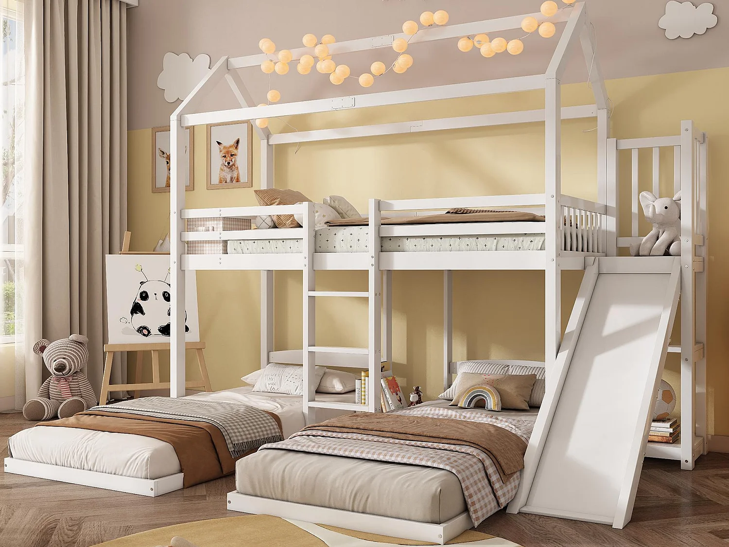 Łóżko piętrowe 90x200cm dla 3 dzieci – zjeżdżalnia z otwartymi półkami – z drewna sosnowego i MDF – Białe 3335400