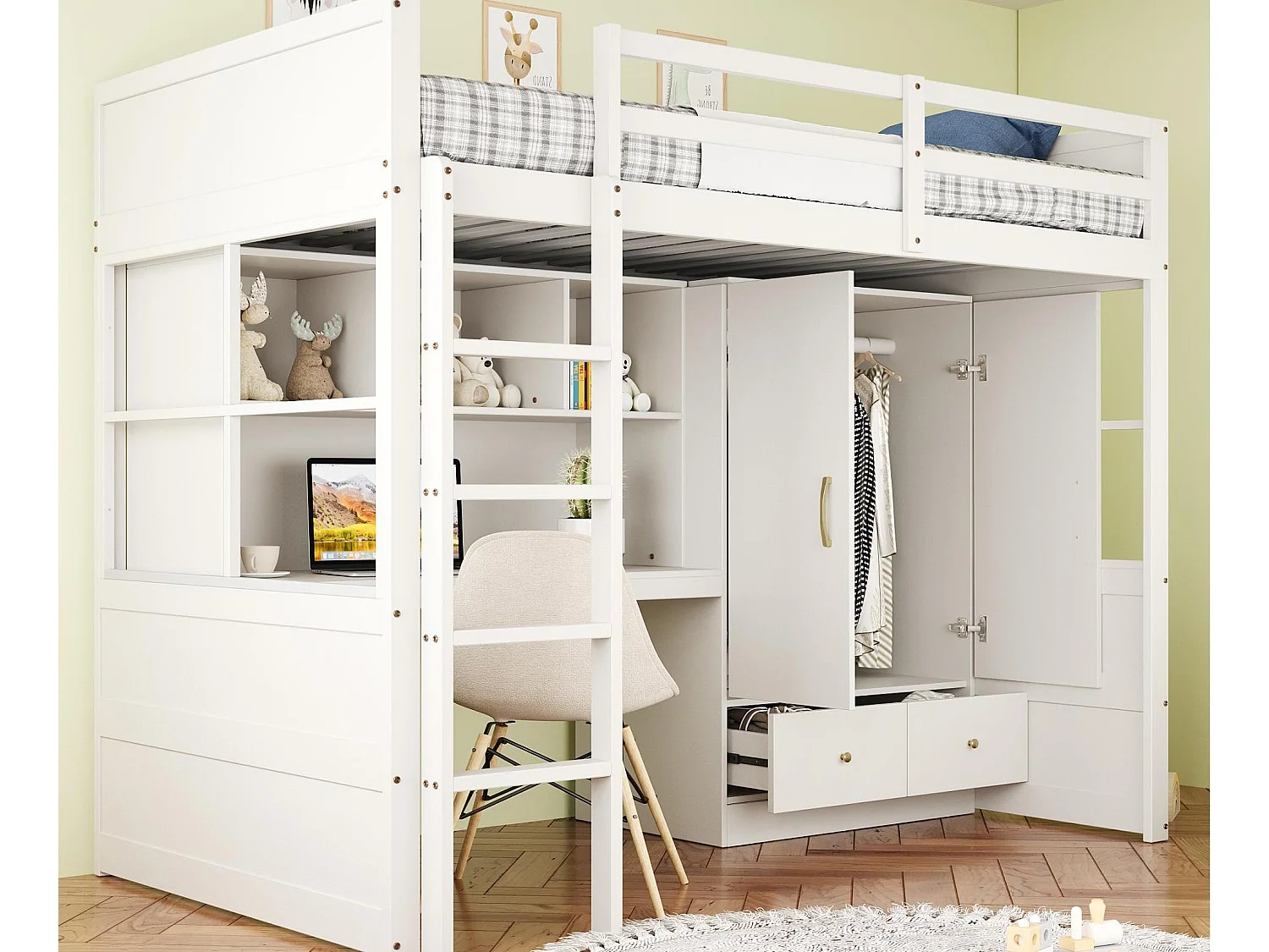 Łóżko mezzanine 90x200 cm - z drabinką - z biurkiem - z szafą - 2 szuflady - biały (materac nie jest w zestawie) 4452316 - obrazek 1