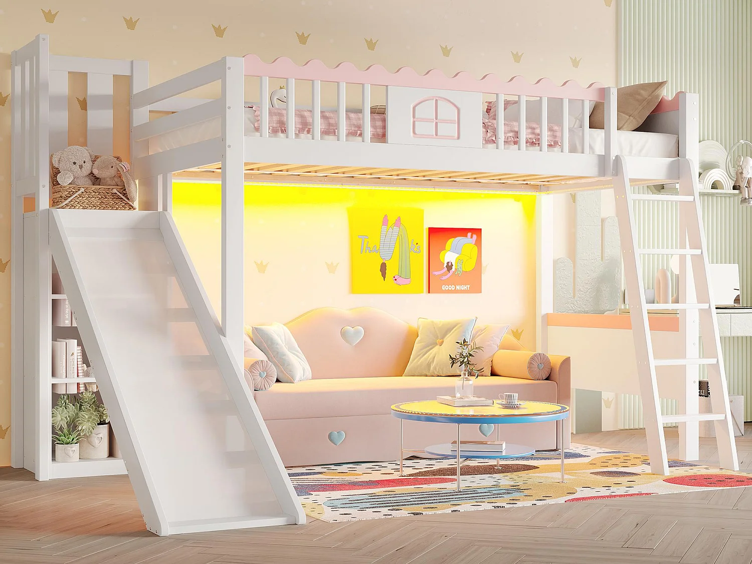 Łóżko mezzanine dla dzieci 90x200 cm - z oświetleniem LED - z półkami - ze zjeżdżalnią - Drewno lite - Białe (bez materaca) 4066999 - obrazek 1