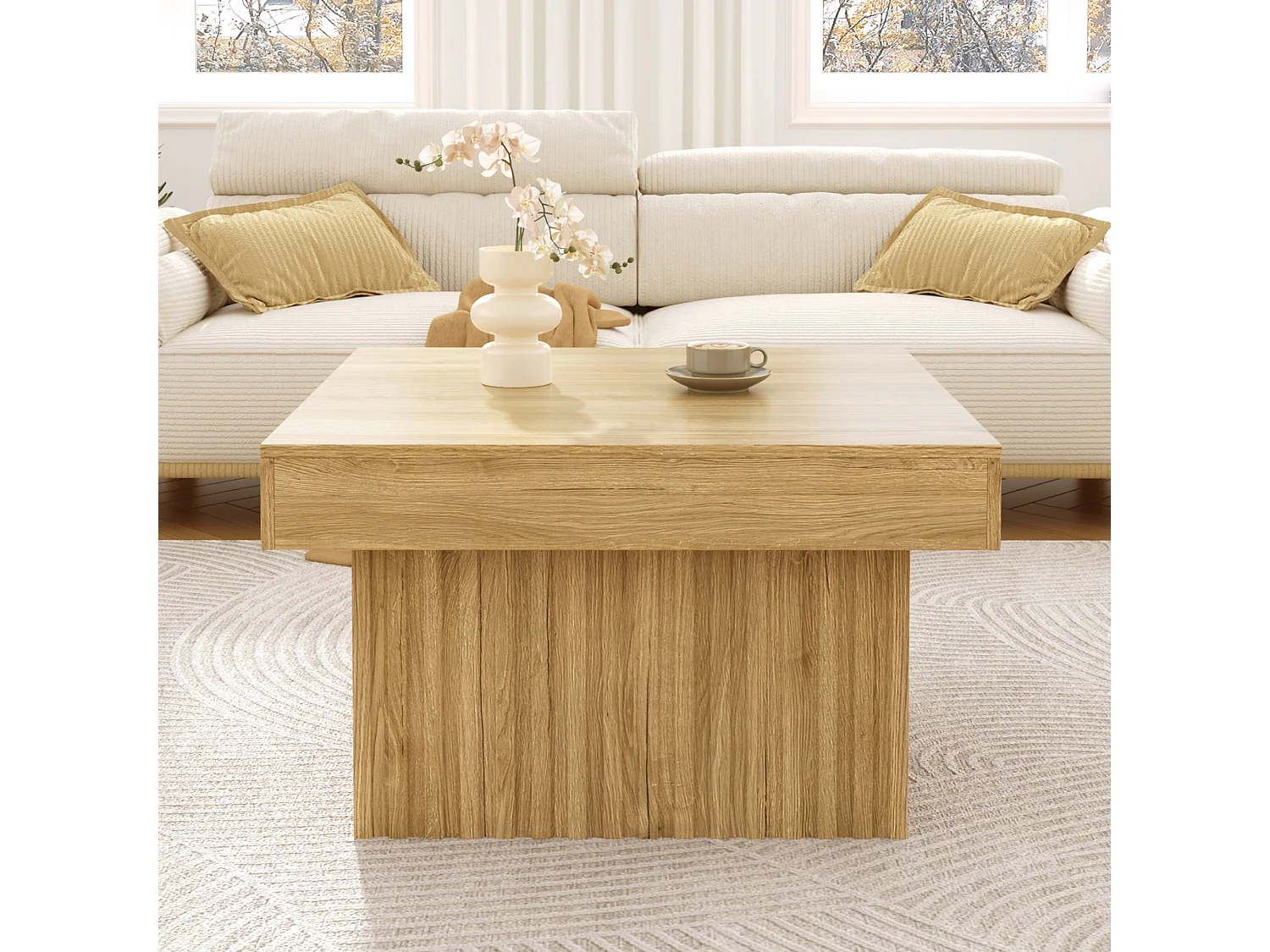 Elegancki drewniany stolik kawowy - 79 x 79 x 46 cm - nowoczesny design - płyta MDF + wiórowa - naturalny 4517804 - obrazek 1