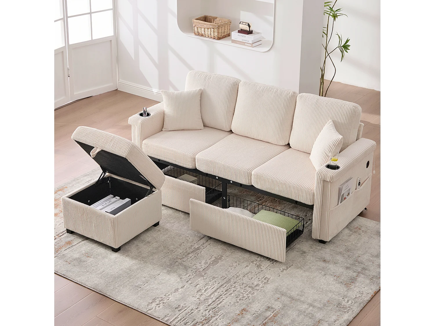 Beżowa sofa 4-osobowa – Sofa narożna z oświetleniem LED i podnóżkiem ze schowkiem – uchwyt na kubek i boczne kieszenie – sztruks 4519321