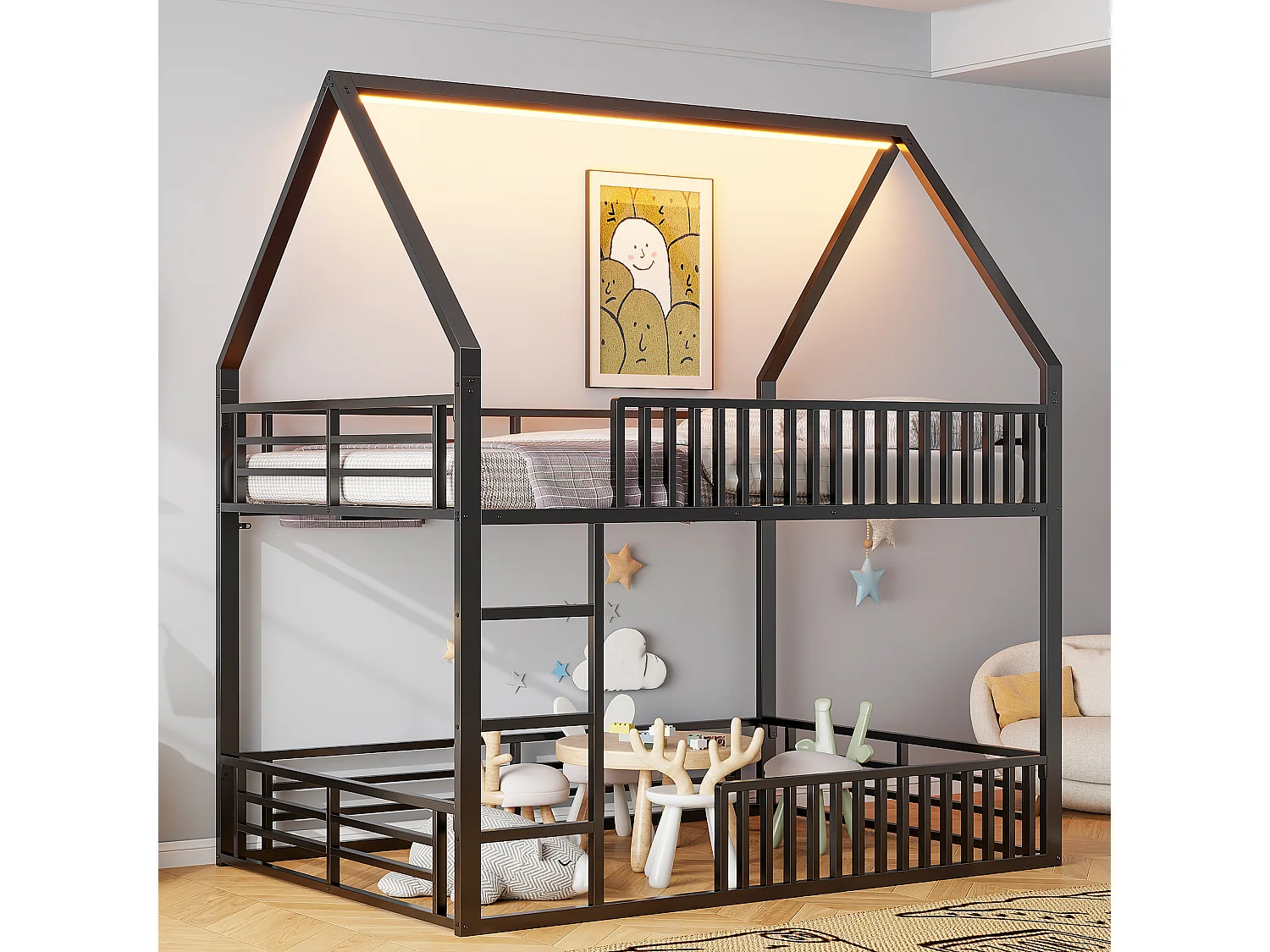 Łóżko piętrowe 140 x 200 cm – Łóżko podwójne ze schodami i oświetleniem LED – z barierkami zabezpieczającymi – czarny metal 4520033