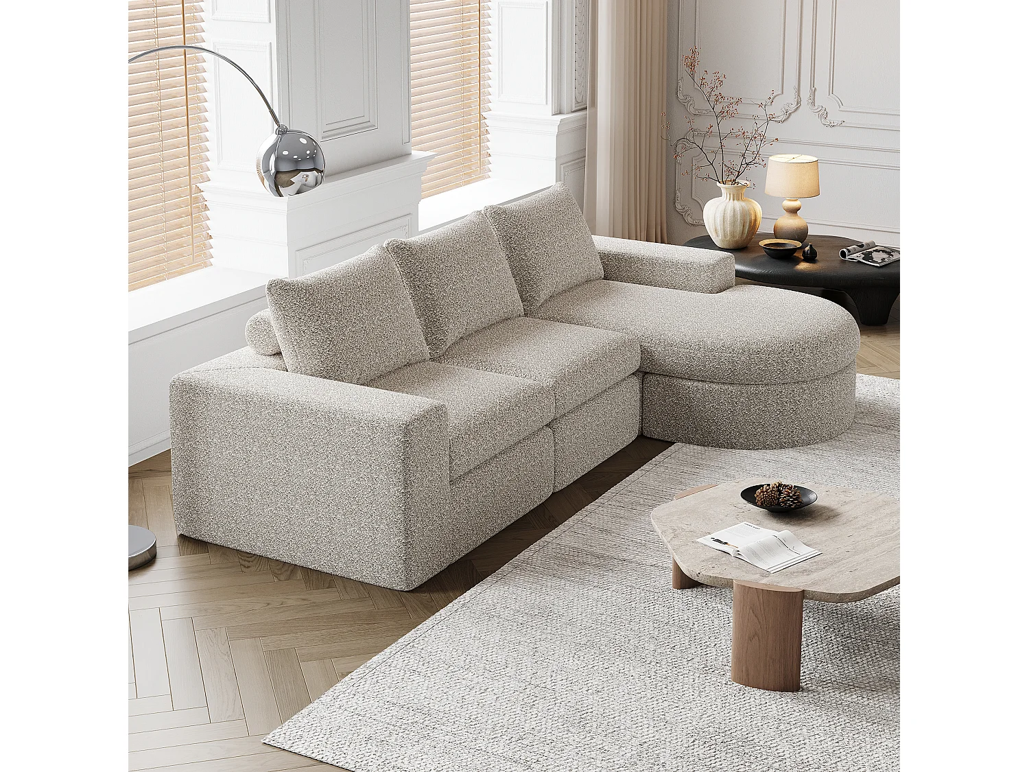 Beżowa sofa narożna - Sofa 3-osobowa z 3 poduszkami i 2 zagłówkami - szenil 4520064 - obrazek 1