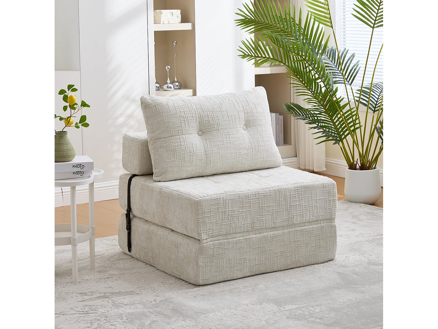 Beżowa sofa 1-osobowa – Sofa składana z oparciem i poduszkami – szenil 4520068