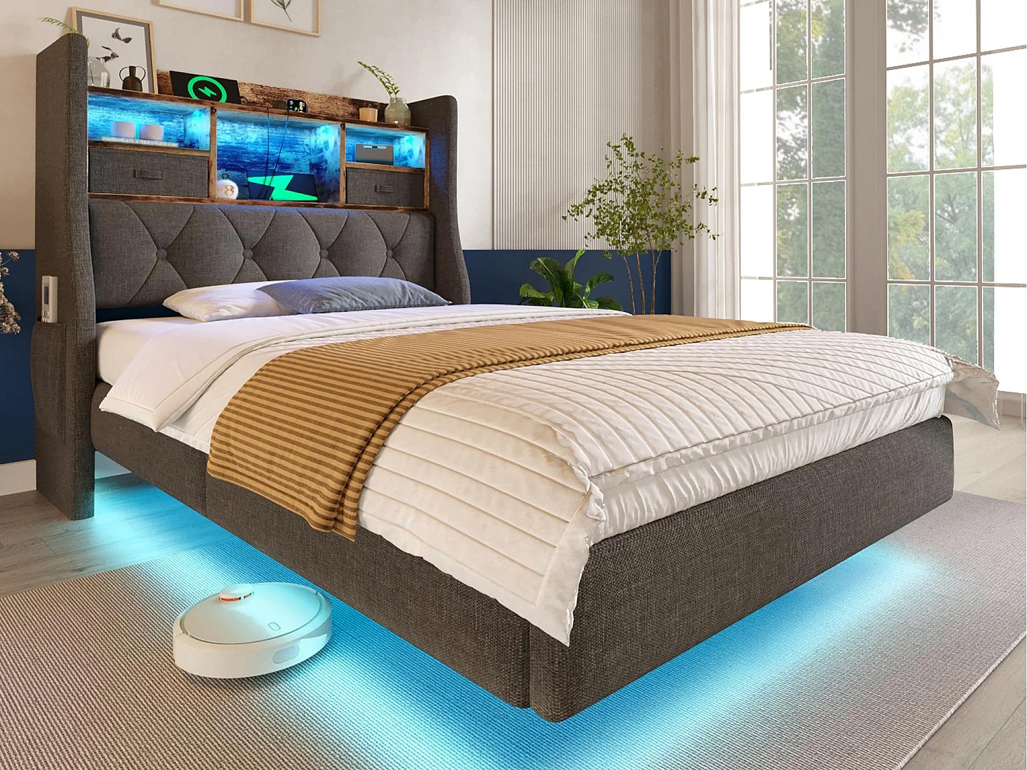 Łóżko dla dorosłych z tapicerka 90x200cm - z oświetleniem LED - z 1 portem Type-C i 3 portami USB - wezgłowie z przechowywaniem - len - Szary 4520907 - obrazek 1