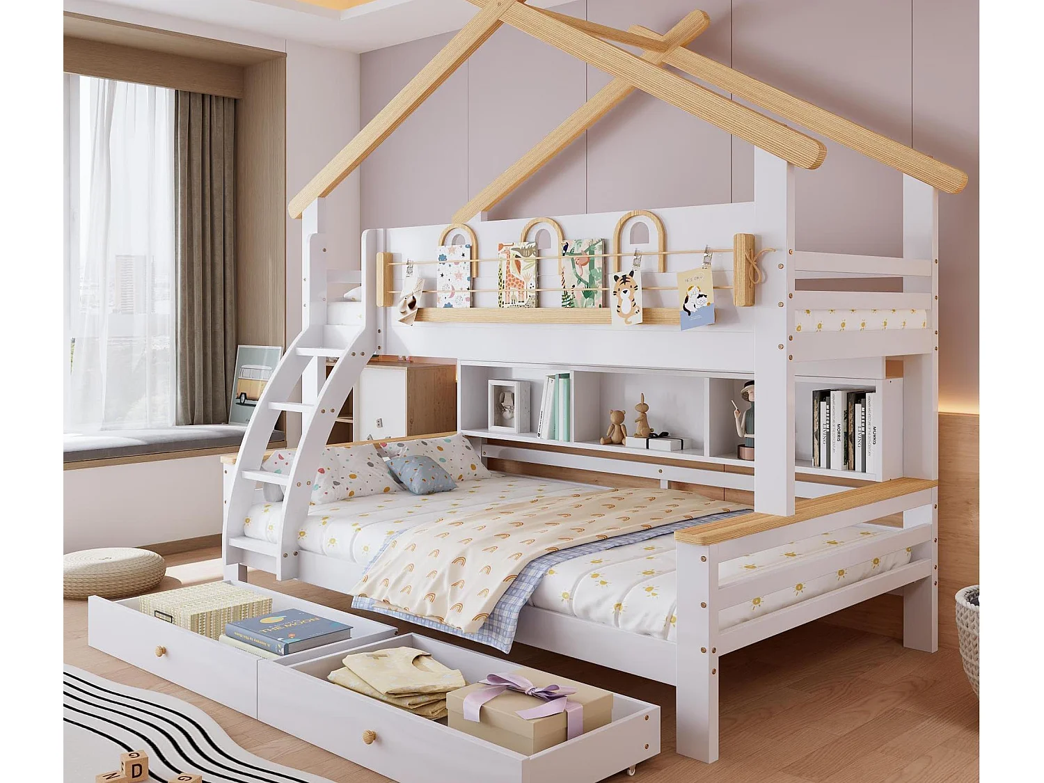 Łóżko piętrowe 90x200cm + 120x200cm – z 2 szufladami – z otwartymi półkami – pochylona drabina 4-stopniowa – Drewno lite + MDF – Biały + Naturalny 4520922