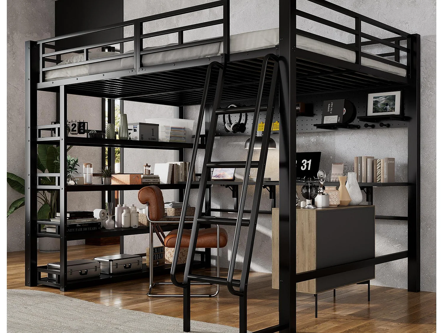 Łóżko mezzanine 140x200 cm - z biurkiem i półką do przechowywania - z portem ładowania - z drabiną - Metal + płyty wiórowe - Czarny 4520931 - obrazek 1