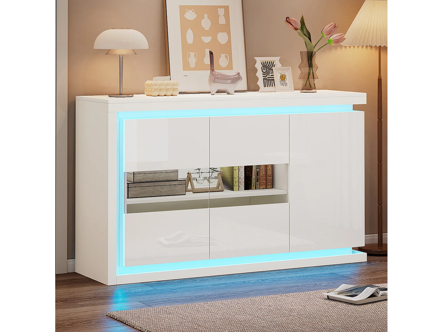 Biała komoda z oświetleniem LED, 3 drzwiami i regulowanymi półkami – do salonów i biur 4520974 - obrazek 1
