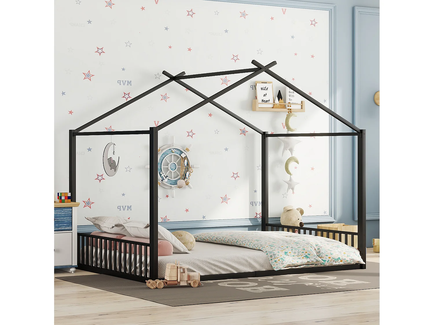 Łóżko dziecięce 140×200 cm z stelażem, metalowe, czarne – bez materaca 4521057