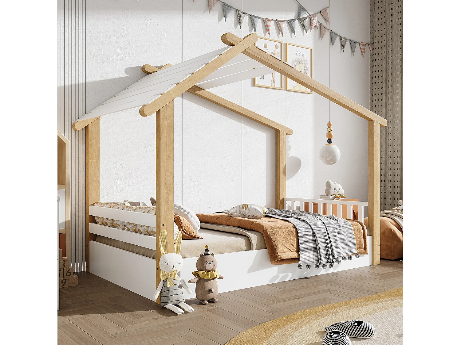 Łóżko dziecięce 90x200 cm ze stelażem drewnianym, białe i naturalne – bez materaca 4521087 - obrazek 1