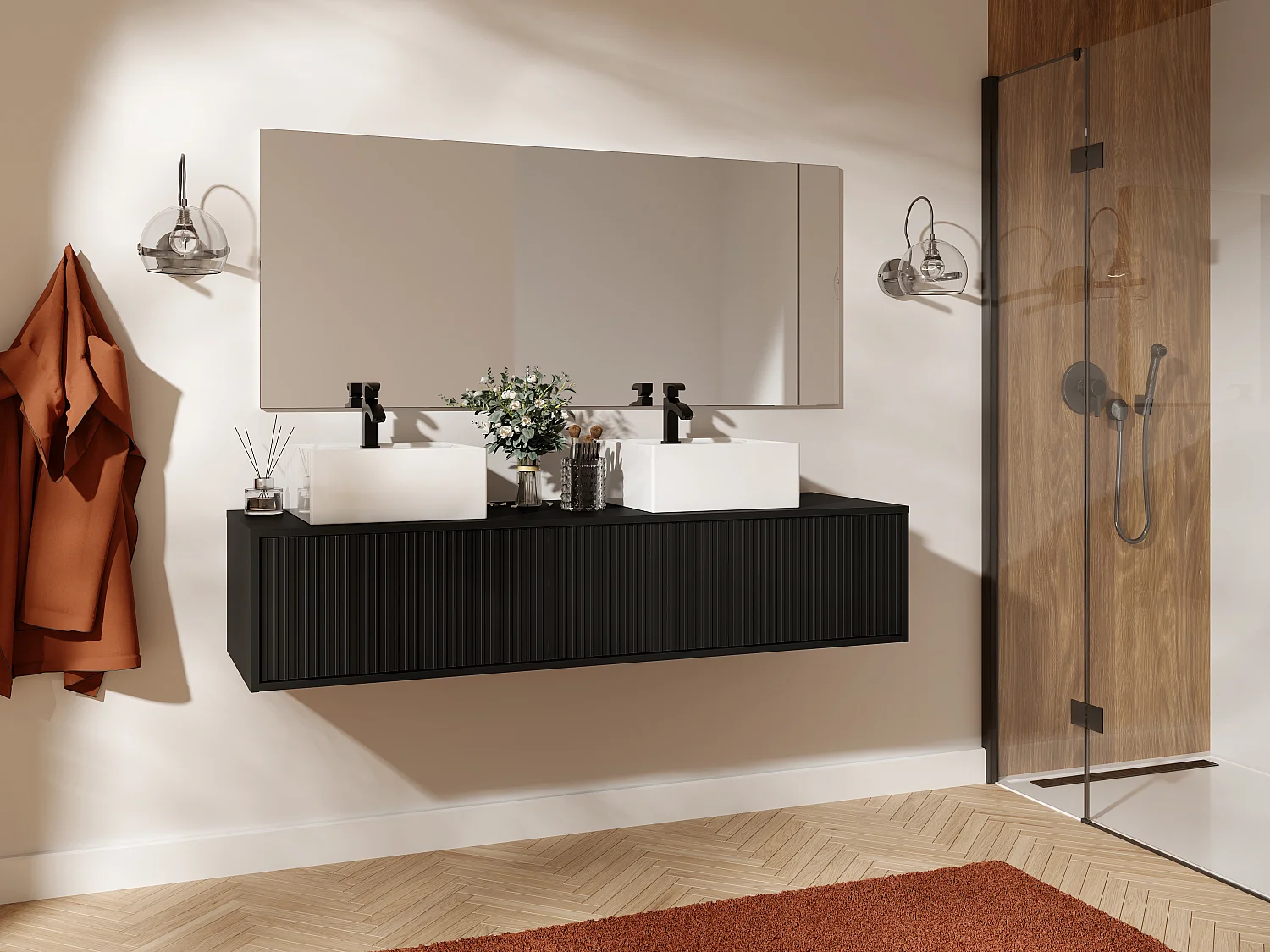 Podwieszana szafka pod umywalkę z prążkowaną fakturą - Czarna - 150 cm - ARNEGA 4042729 - obrazek 1