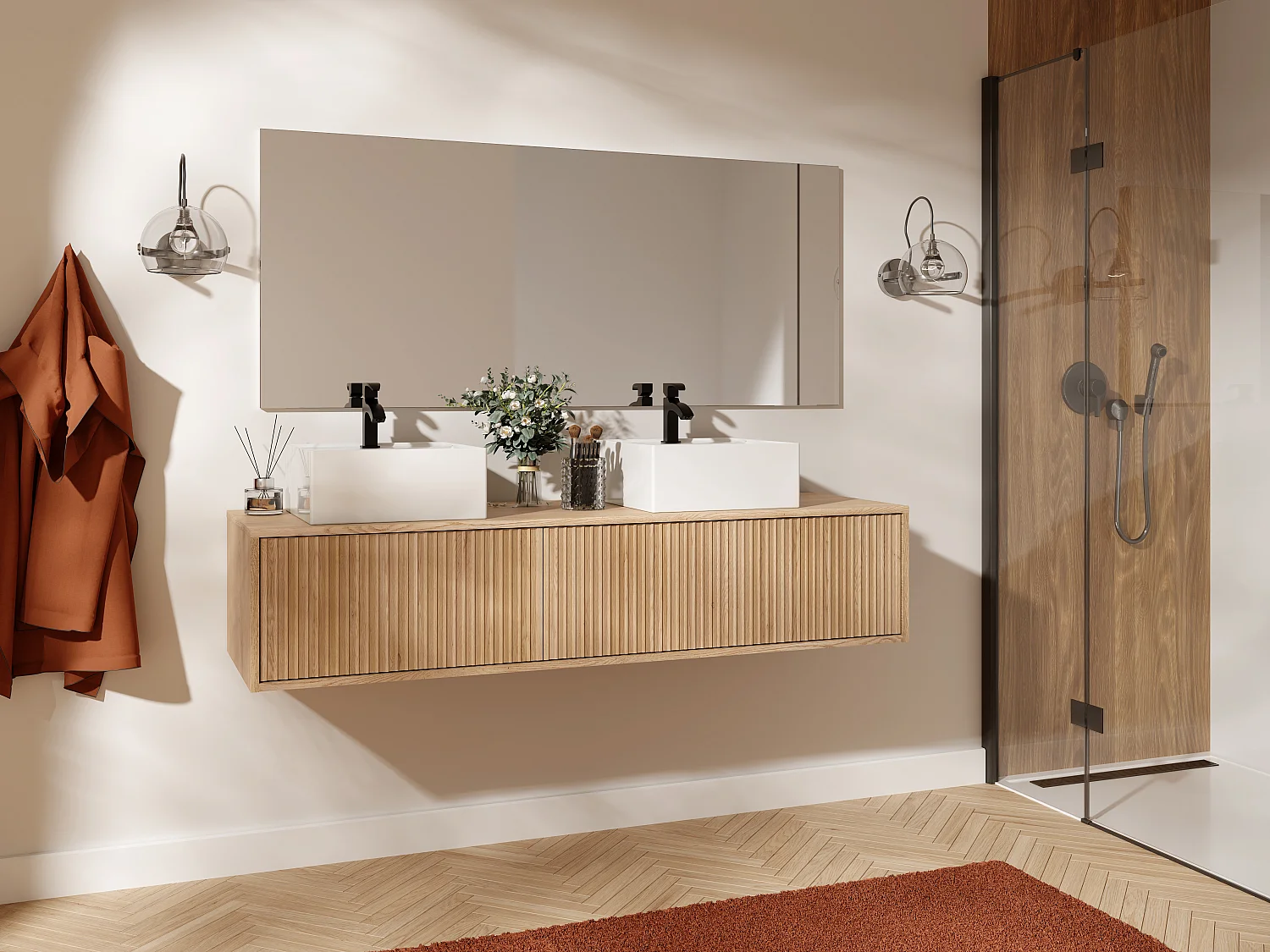 Podwieszana szafka pod umywalkę prążkowana – Jasne naturalne – 150 cm – ARNEGA 4042730